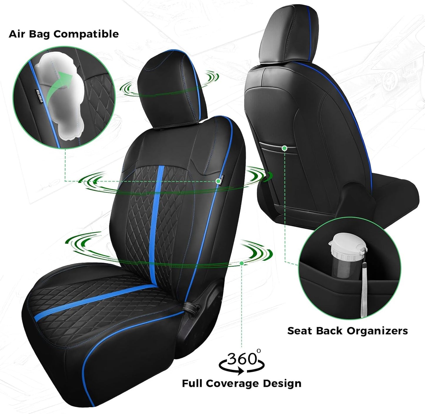 for Jeep Wrangler Seat Covers 4Door JK 2013 2014 2015 2016 2017, Custom Car Seat Cover Full Set, Luxury Leather Seat Protectors, Waterproof SUV Interior Cushions Accessories, Black Blue Trim