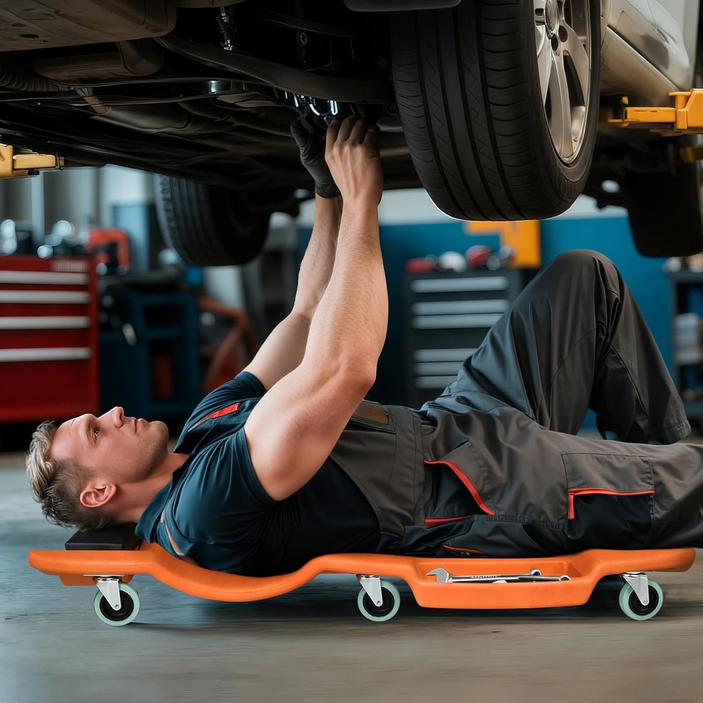 Magshion Mechanic Creeper with Padded Headrest & Tool Trays – 440 lbs Capacity, Rolling Garage Creeper with 6 Swivel Wheels, Lightweight & Portable Under Car Creeper for Auto Repair (Orange)