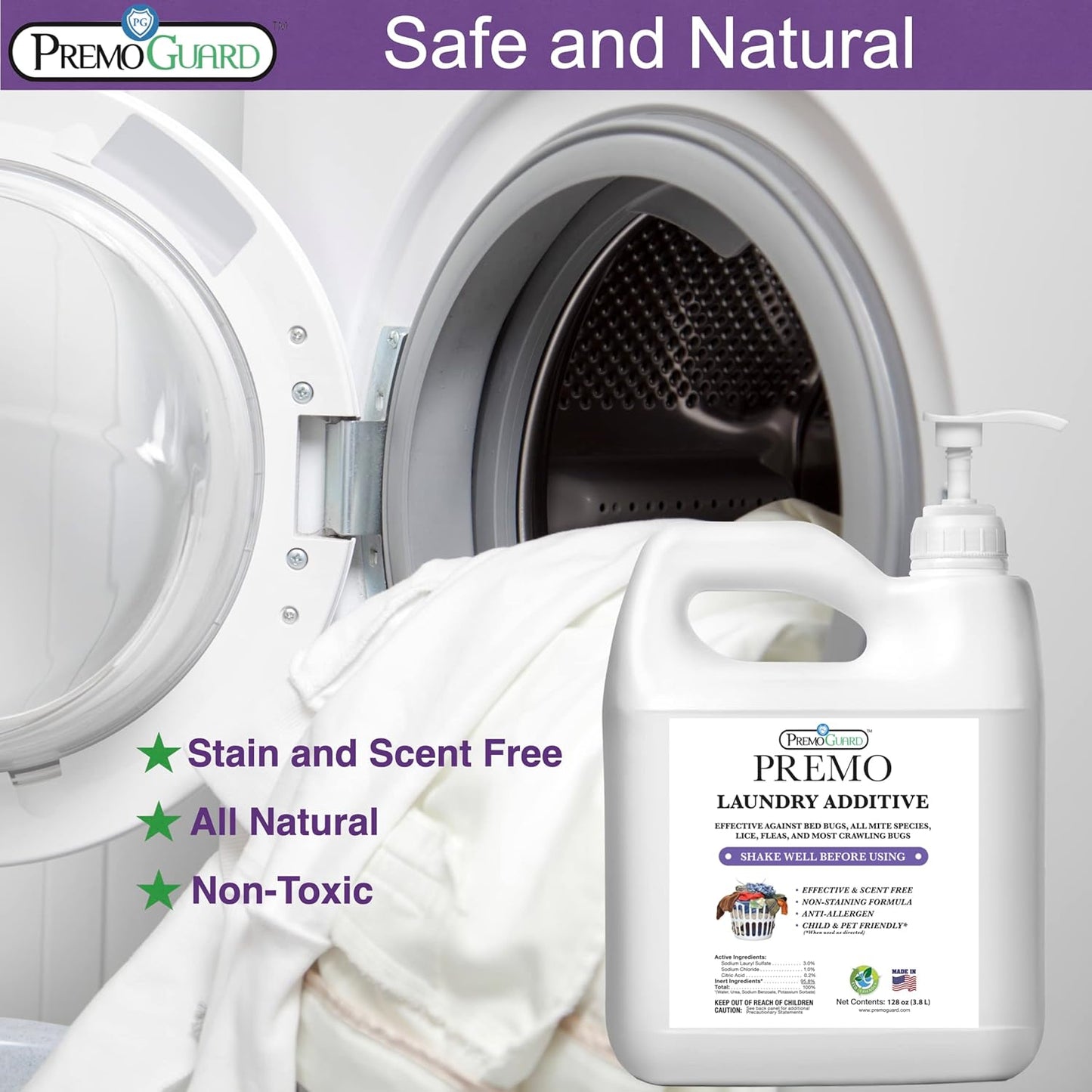 Premo Guard Bed Bug, Mite & Lice Laundry Detergent Additive 128 oz – Child & Pet Friendly – Stain & Odor Free – Best Natural Non-Toxin Treatment