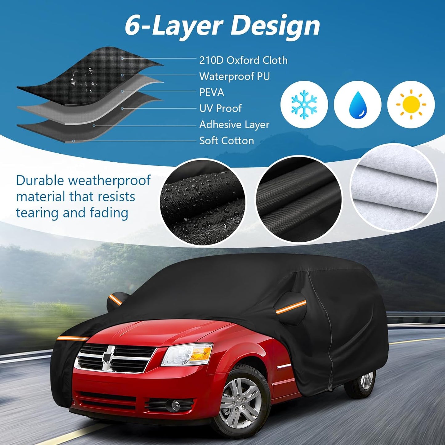 Car Cover for 1984-2020 Dodge Grand Caravan,Chrysler Grand Voyager,1984-2000Plymouth Grand Voyager, Waterproof 210D Oxford Cloth and Cotton Cover Outdoor Full Car Covers