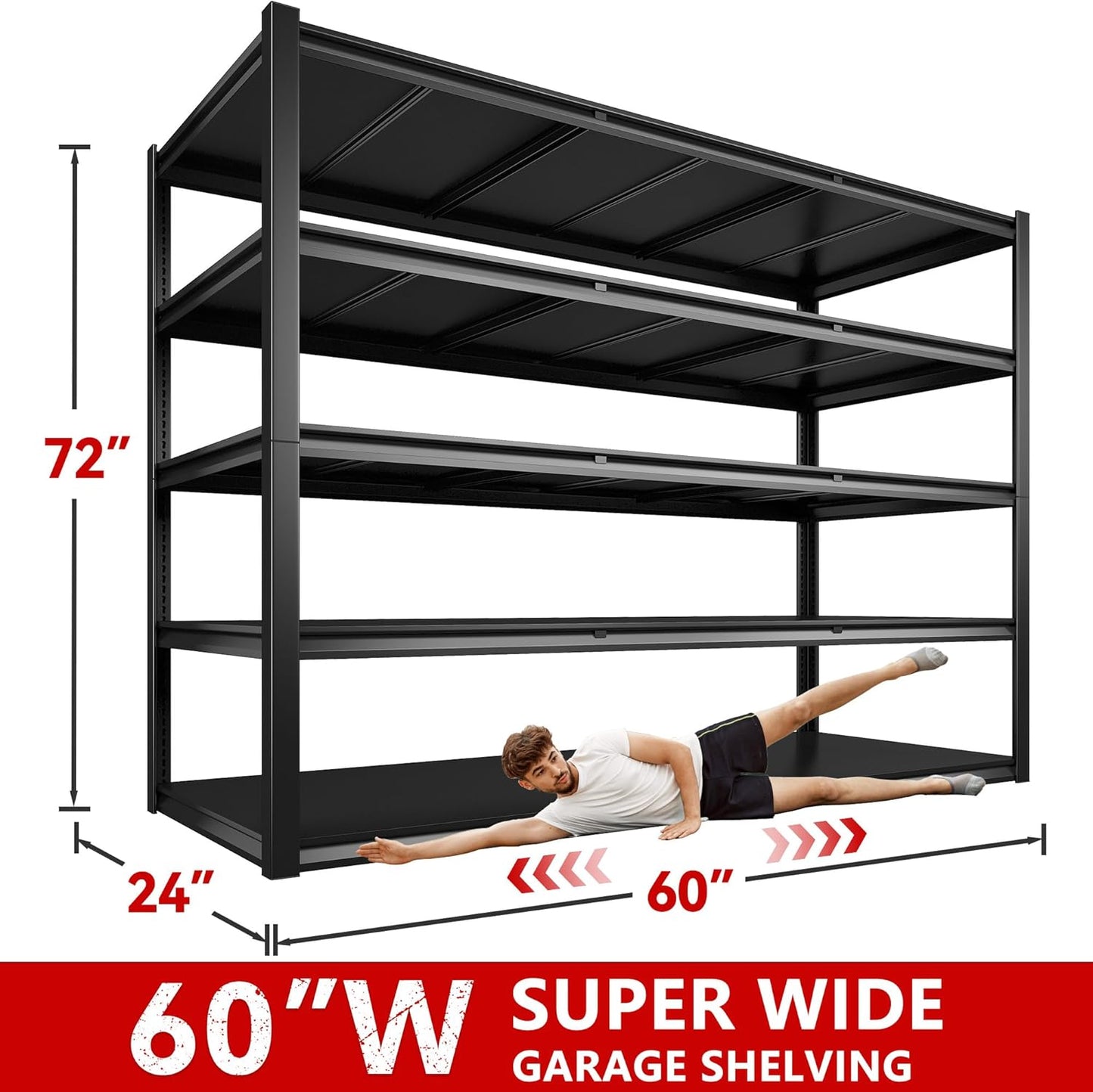 REIBII 60" W Garage Shelving Heavy Duty 3000LBS Storage Shelves Heavy Duty Shelving, 5 Tier Metal Shelves, Adjustable Commercial Shelf, Easy Assembly, 60" W x 24" D x 72" H, 2 Pack
