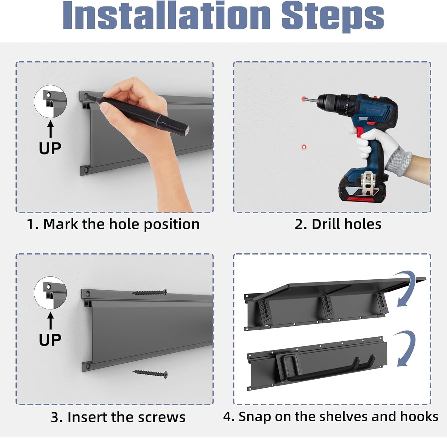 WALMANN Wall Mounted Garden Tool Rack with Shelves for Garage, Heavy Duty Folding Chair Hangers, 11-Inch Tool Storage Hooks for Shovels, Rakes, Ladders