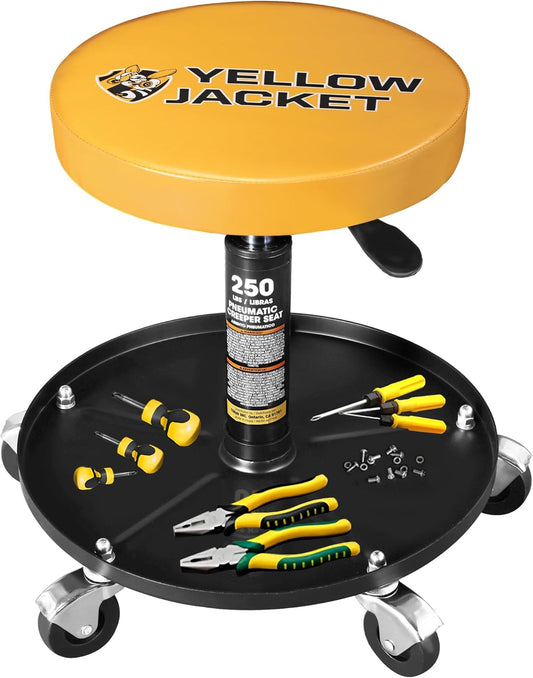 YELLOW JACKET Rolling Mechanic Stool with Wheels Pneumatic Garage Shop Seat Adjustable Height Roller Mechanics Creeper Chair with Tool Tray for Auto Repair
