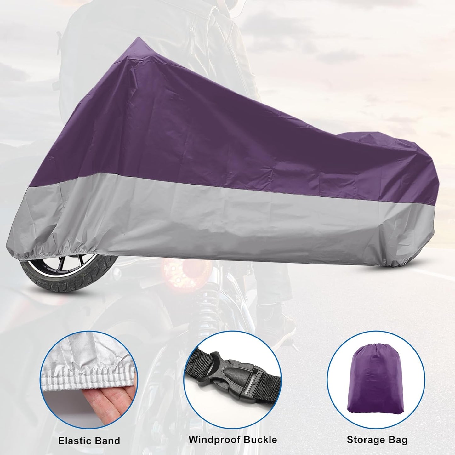 X AUTOHAUX Motorcycle Cover for Harley Davidson for Honda for Suzuki All Season Waterproof Outdoor Protection Motorbike Cover Fits Up to 104.33'' Motorcycles Cover XXL Purple Silver Tone