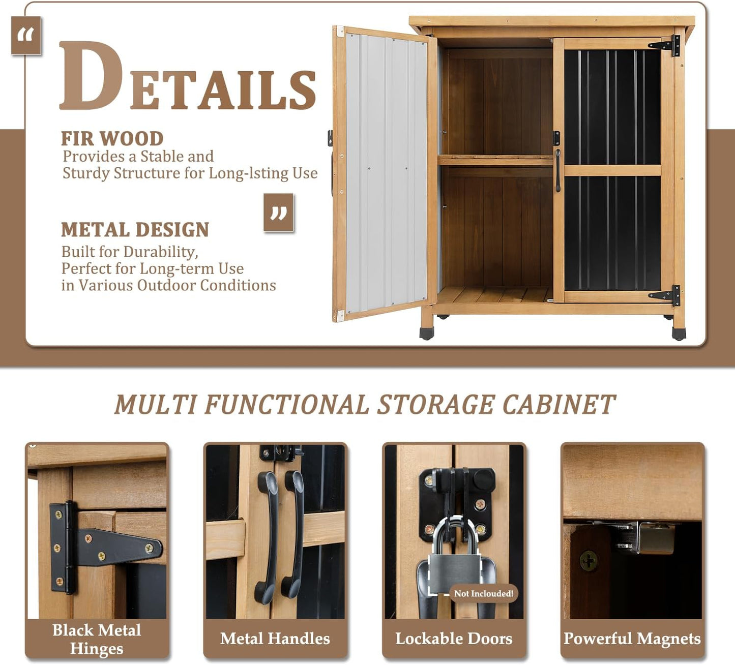 Weatherproof Outdoor Storage Cabinet with Lockable Doors, Wood & Metal Garden Storage Shed Patio Storage Box for Tools & Lawn Equipment, Pool Accessories