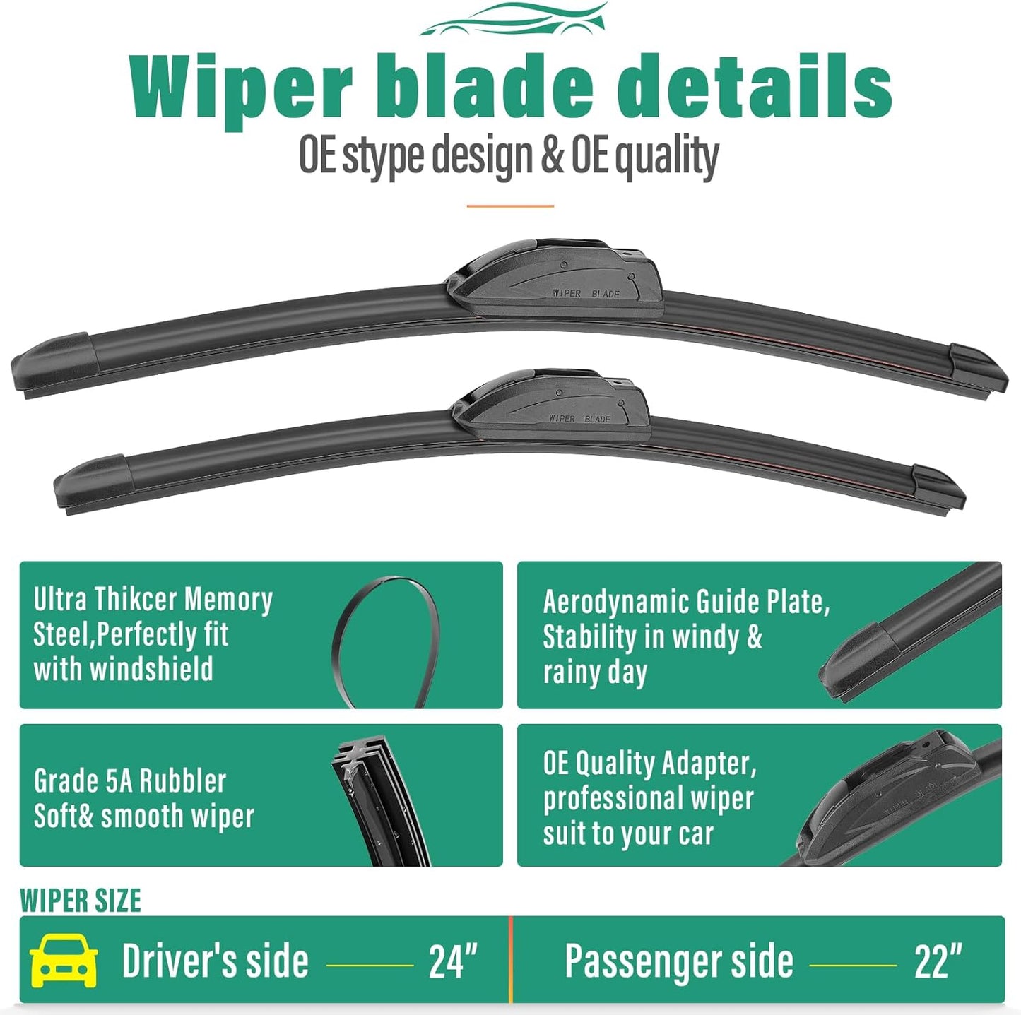 24" 22" 18" Windshield Wiper Blades Replacement for BMW X5 2000 2001 2002 2003 2004 2005 2006 Premium All Weather Front Rear Wipers Set - OEM Quality (Pack of 3)