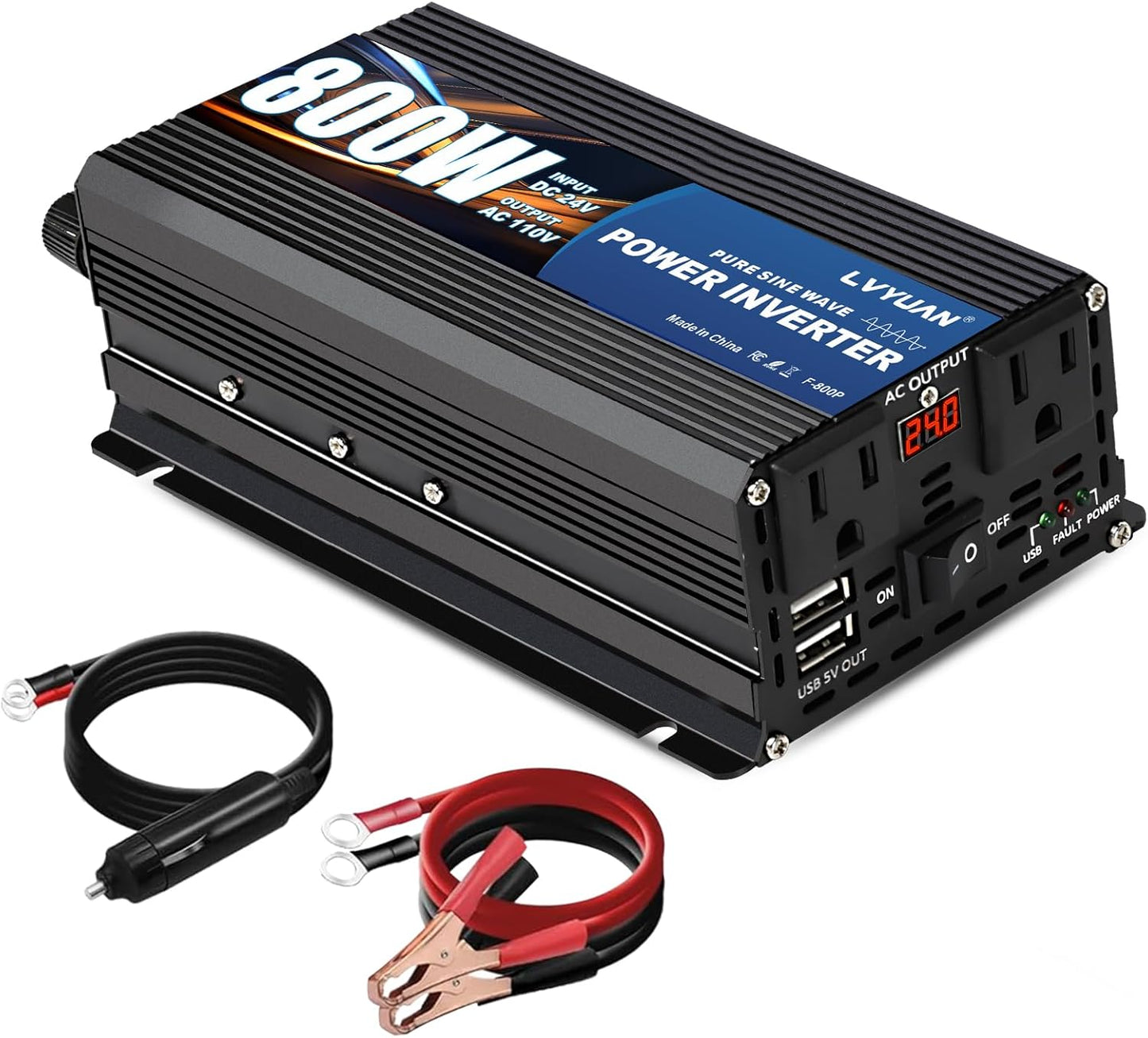 LVYUAN 800 Watt Pure Sine Wave Power Inverter 24V to 110V/120V DC to AC Converter with Dual Sockets, Dual USB Ports, LED Display for Home Outdoor RV Car Power Inverter Power Adapter