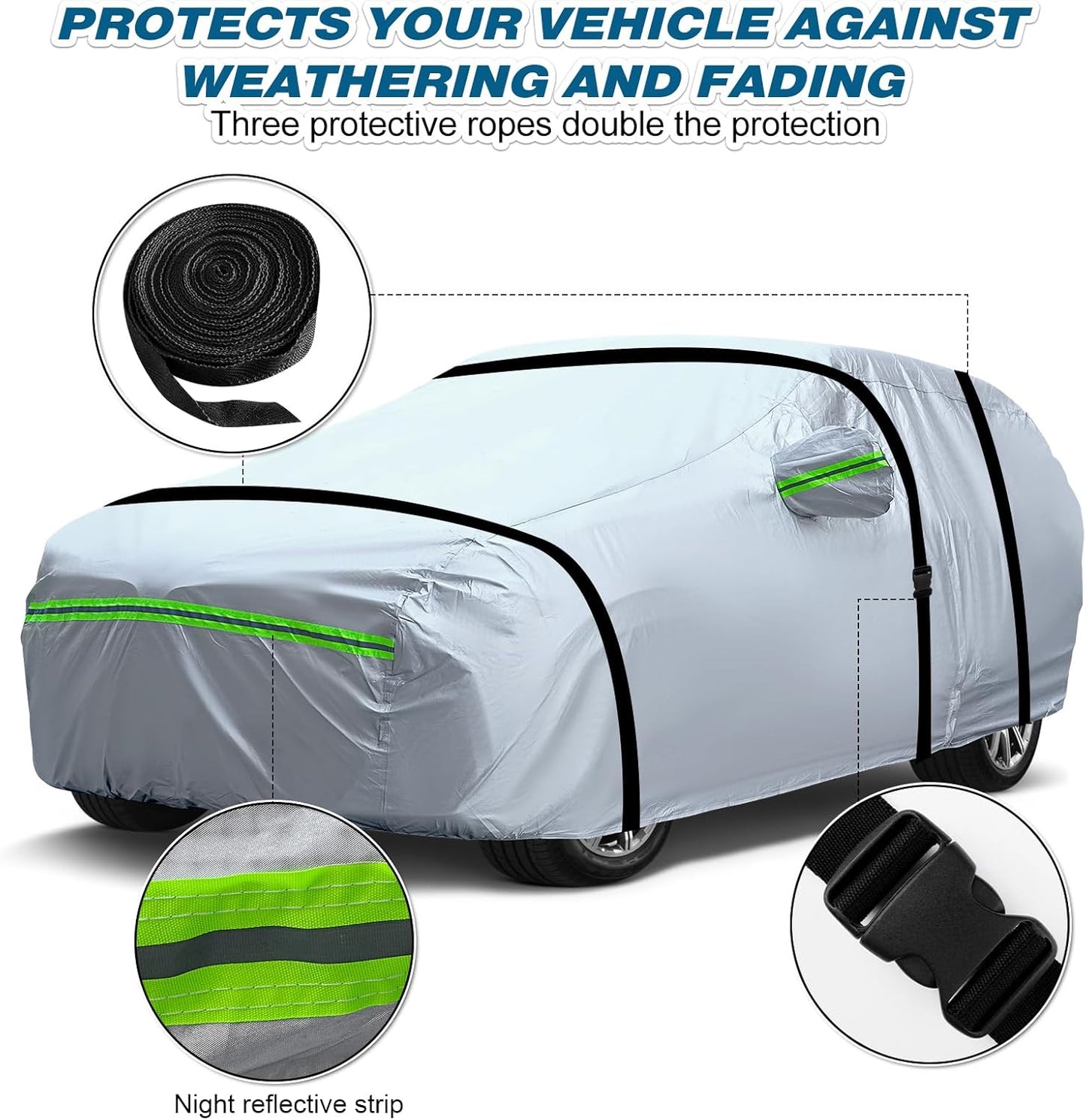 TUCAREST 6-Layers Premium Full Car Cover Hard Shell Zipper Design Waterproof All Weather Weatherproof UV Sun Protection Snow Dust Storm Resistant Outdoor with Straps (Fit for Sedan 188"- 198")
