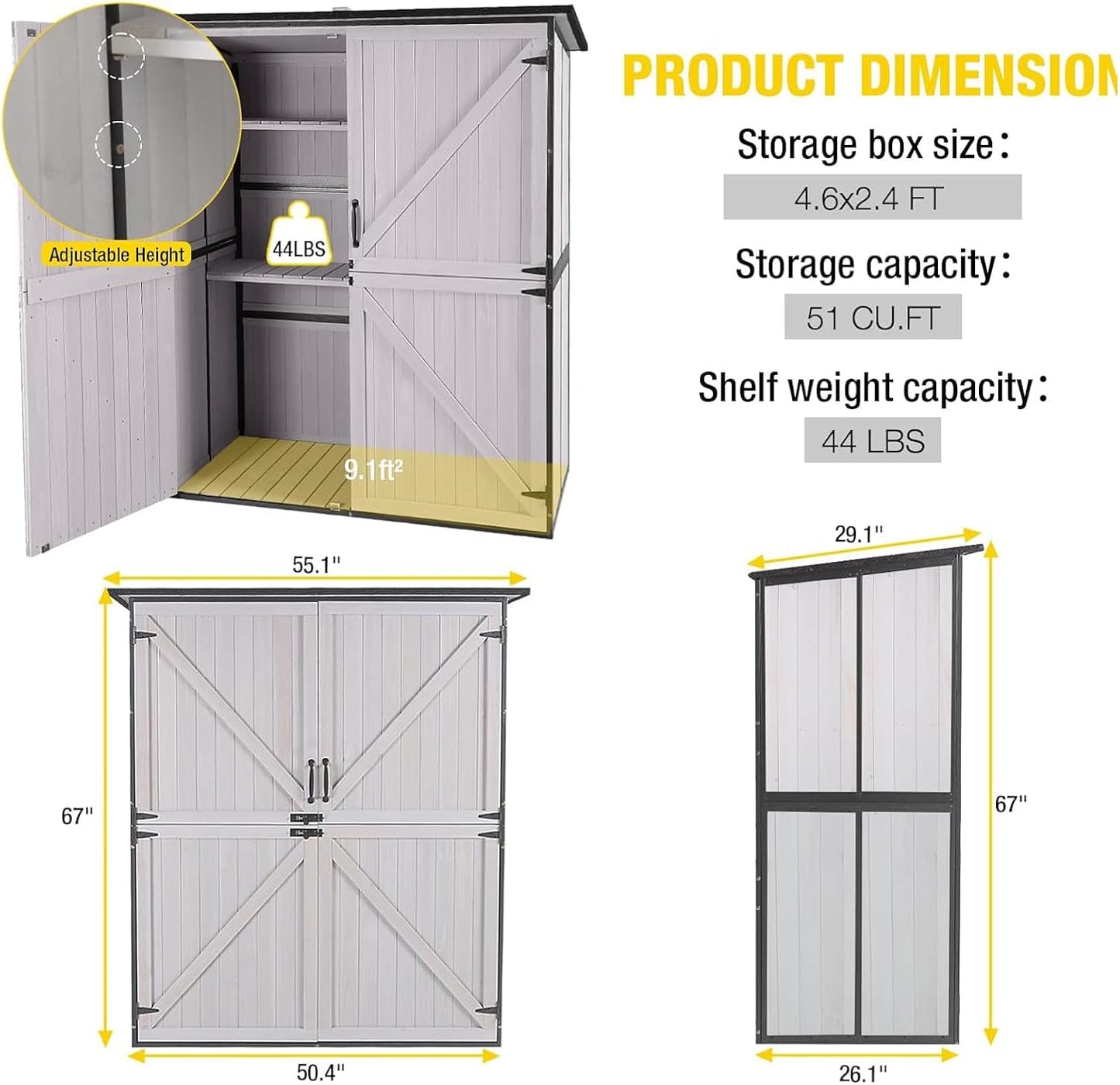 Aivituvin Storage Shed Outdoor Storage Cabinet Upgraded with All Arounded Metal Frame, Wooden Floor and Adjustable Shevels 55" L x 29" W x 67" H, Off-White