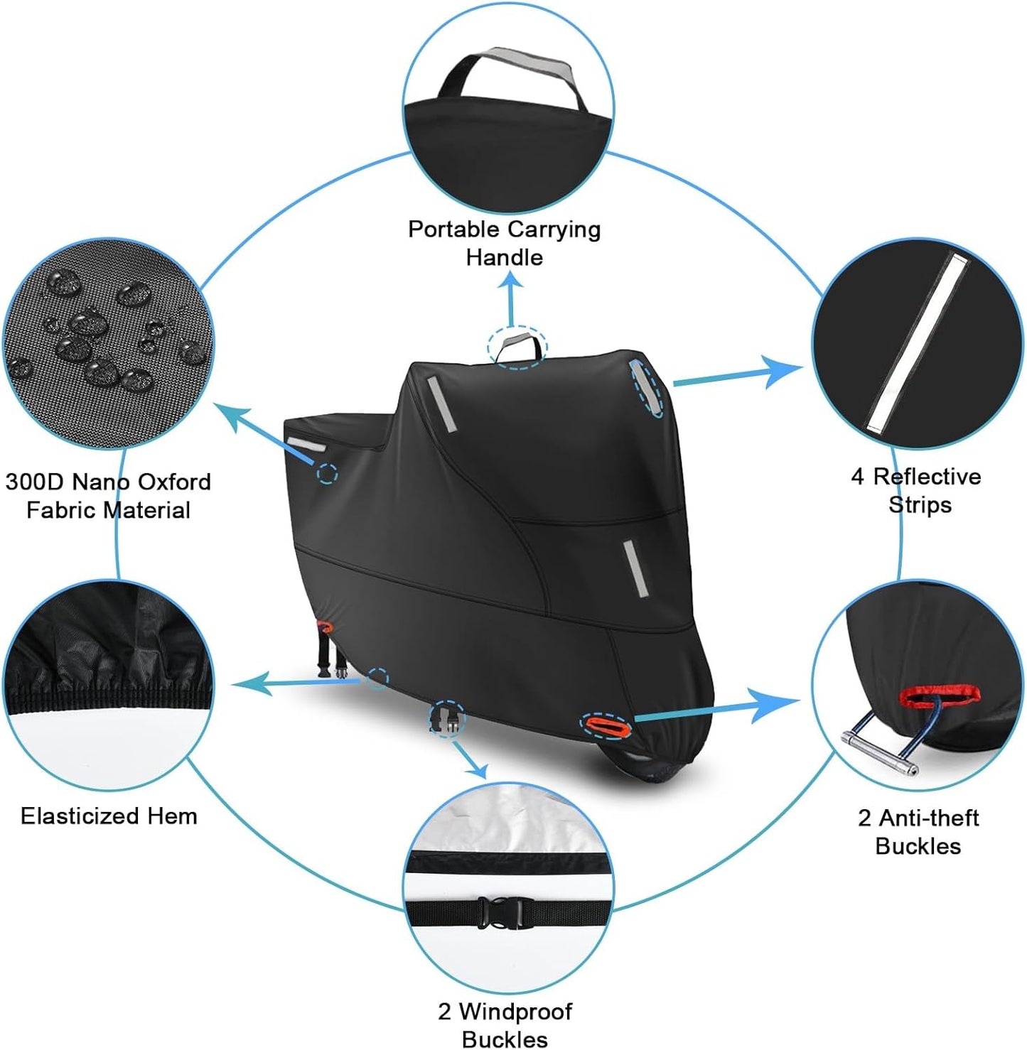 Motorbike Cover Waterproof Outdoor, Motorcycle Scooter Moped Rain Dust Cover with 5 Reflective Strips and 2 Windproof Buckles, 2 Lock-Holes fits Cruisers Sportbikes (1XL: 91 x 35 x 49 inch)