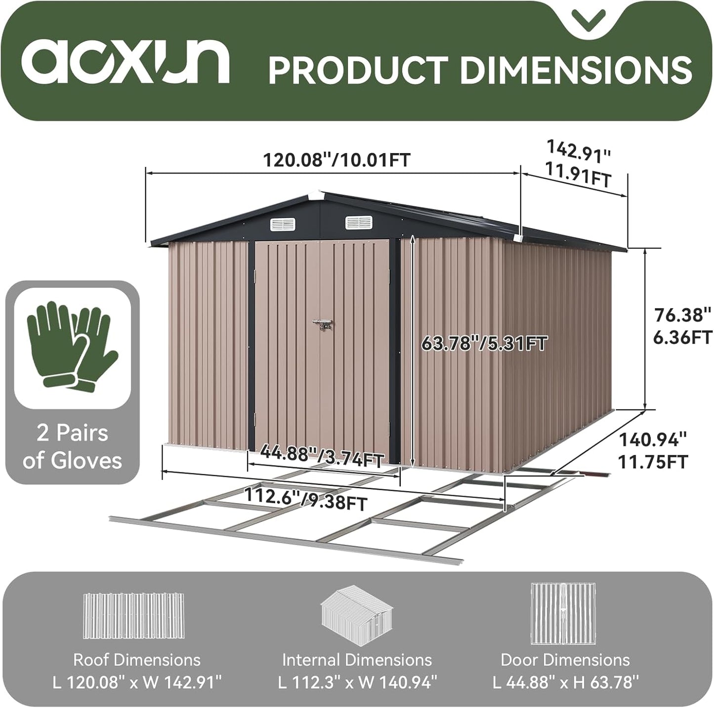 Aoxun 10 x 12FT Outdoor Storage Shed with Base Utility Garden Shed with Lockable Door & Sloped Roof Metal Sheds Outdoor Storage for Garden, Backyard, Patio and Backyard,（Brown/Base Included）