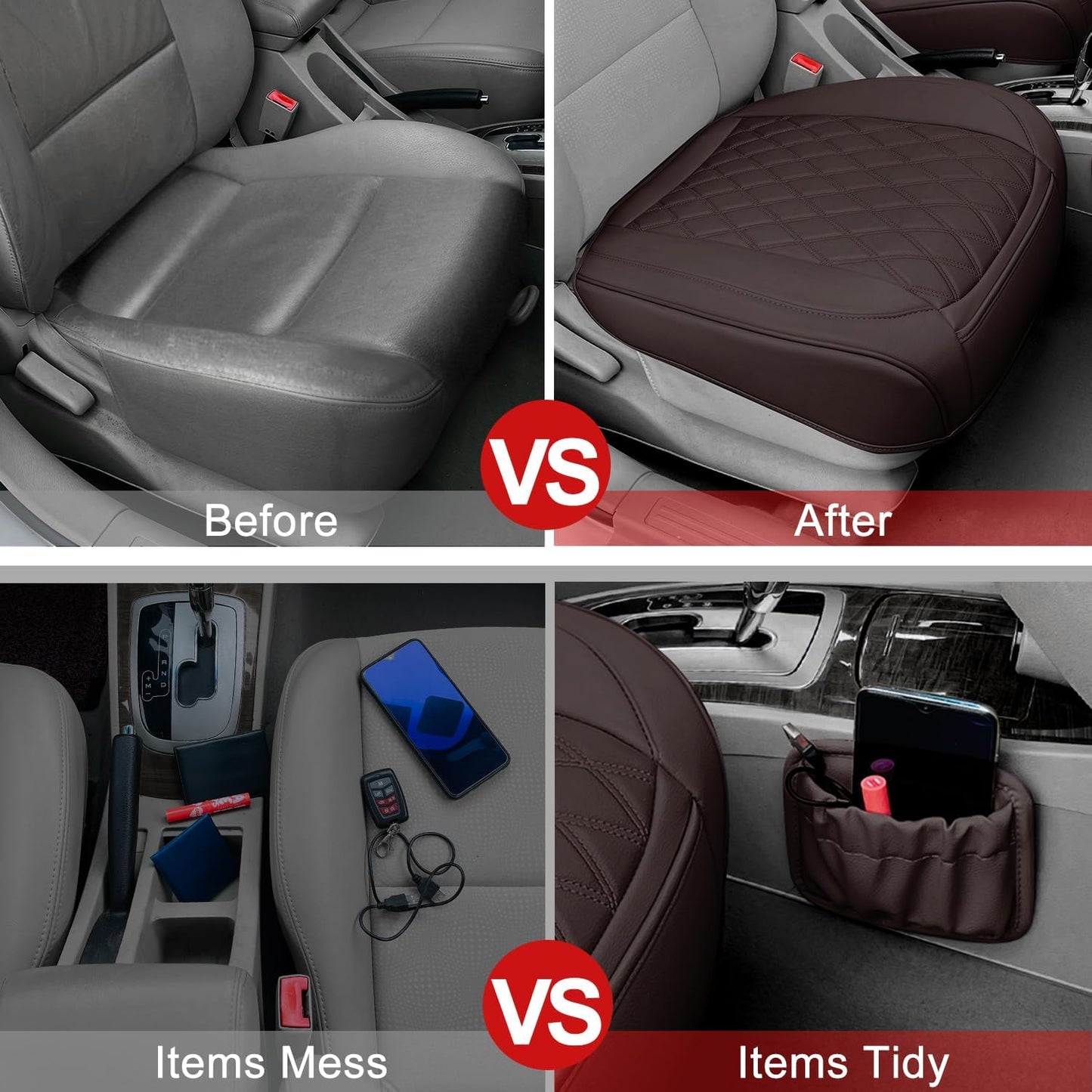 2 Pack Leather Front Car Seat Cover Bottom Car Seat, Anti-Slip and Full Wrap Driver Seat Protectors with Storage Pocket, Luxury Waterproof Bottom Auto Seat Cushion Pad Mat for Most Vehicles(Coffee)