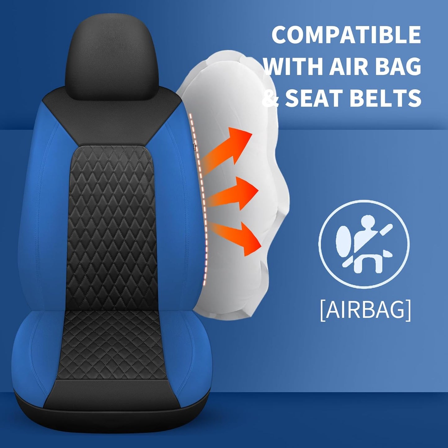 Blue Car Seat Covers,Breathable and Waterproof Seat Cover Full Set,PU Premium Universal Fit Automotive Airbag Compatible for Cars Sedans SUVs Vans and Trucks(Full Seat,Black+Blue,N1)