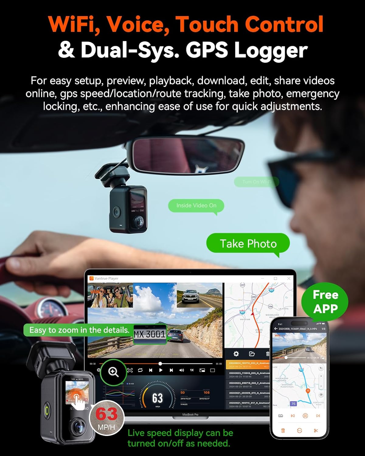 Vantrue E360 Plus 3 Channel 360 Degree WiFi Dash Cam, Dual STARVIS 2, Triple1944P Front Rear and Inside Dashcam, HDR IR Night Vision, GPS, Touchscreen, 24/7 Parking Mode, LTE Support, Support 1TB Max