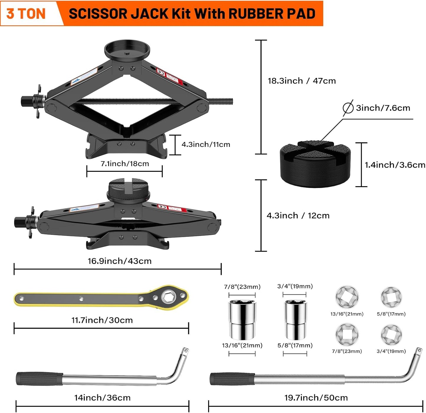 Scissor Jack 3 Ton, 4.1"-18.3" Lifting Car Jack, Heavy Duty Car Jack Kit, Portable Tire Changing kit with Lug Wrench, Tire Jack Tool for Car SUV MPV