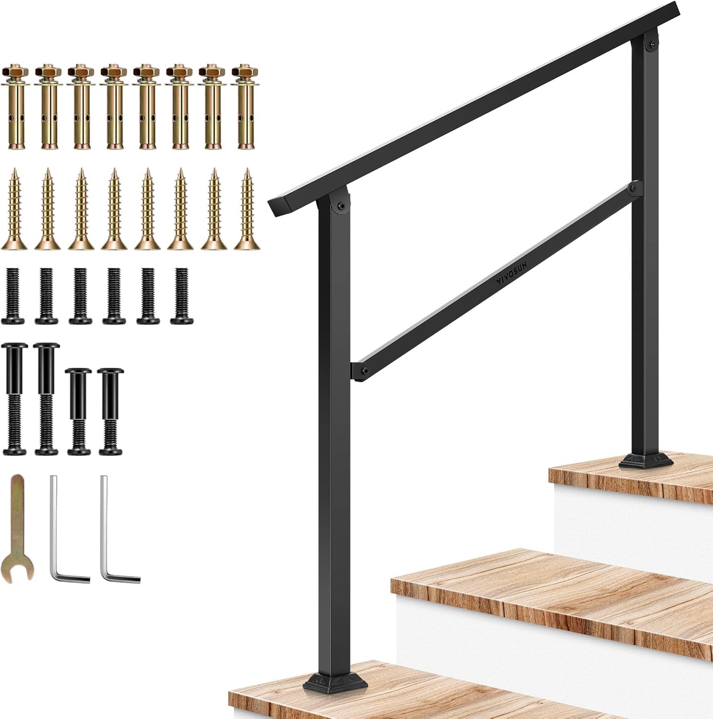 VIVOSUN Outdoor Handrail, 3 Step Stair Handrail, 40" x 36" Fits 1 to 3 Steps, Wrought Mattle Iron Handrail for Concrete Steps, Porch Steps, One-Step Assembly, Black
