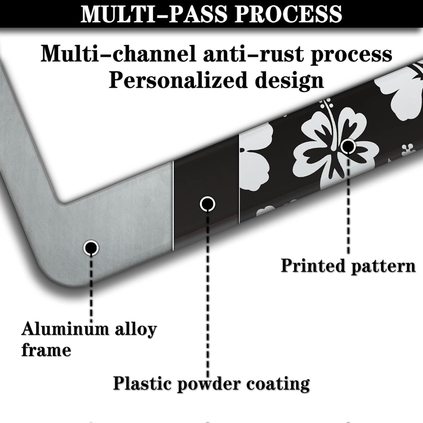 Automotive Exterior Accessories Black and White License Plate Frames Beautiful Hibiscus Flowers Universal Aluminum Car Accessory 2 Pack with Screw Covers Set