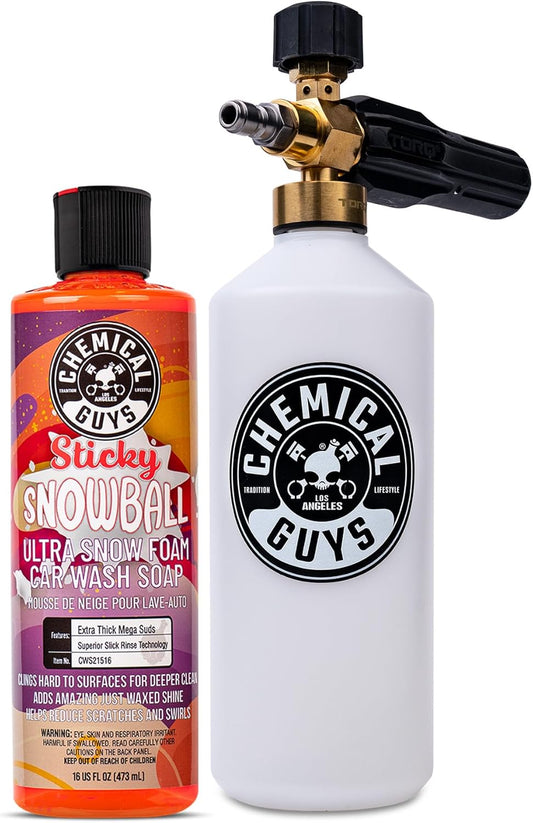 Chemical Guys EQP369 TORQ Professional Snow Foam Cannon Car Wash Snow Foamer + Sticky Snowball Ultra Snow Foam Car Wash Soap 16 fl oz (Safe for Cars, Trucks, SUVs, & More) Works With Pressure Washer