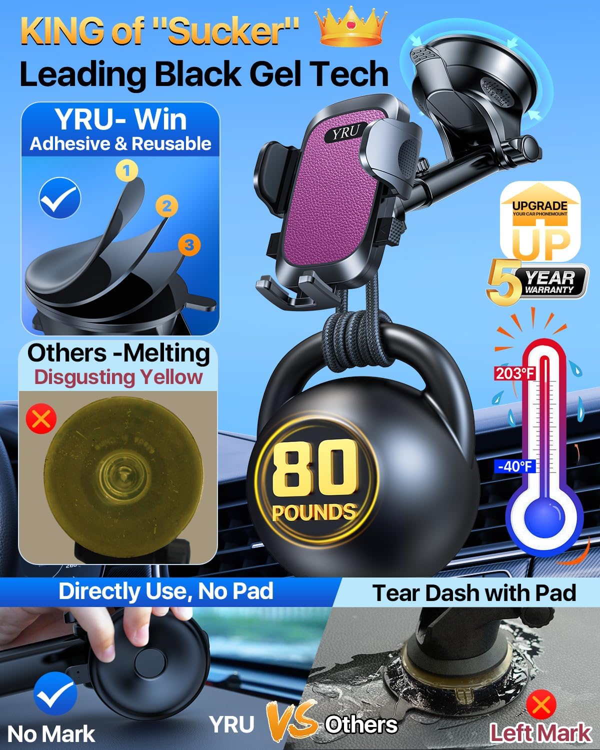 [2025 Upgrade Extreme Strong Suction] YRU Car Phone Holder Mount,[Bumpy Road Stable]Dashboard Cell Phone Holder for Car Vent Windshield Phone Stand for iPhone 16 15 14 13 Pro Max Samsung Truck, Purple