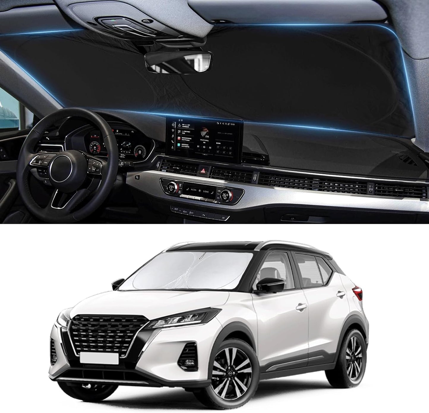 Custom Fit Nissan Kicks Windshield Sunshade 2018 2019 2020 2021 2022 2023 2024 2025 for Kicks, S, SV, SR Crossover Accessories Front Window Shades Car Shield Cover 240T Sun Visor Blocks UV Rays