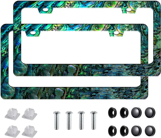 Universal License Plate Frame - Heavy Duty Rustproof Aluminum Matte Black Car Tag Holder Bracket Fits All US States, Easy Install with Screws Included (Faux Abalone-2pc)