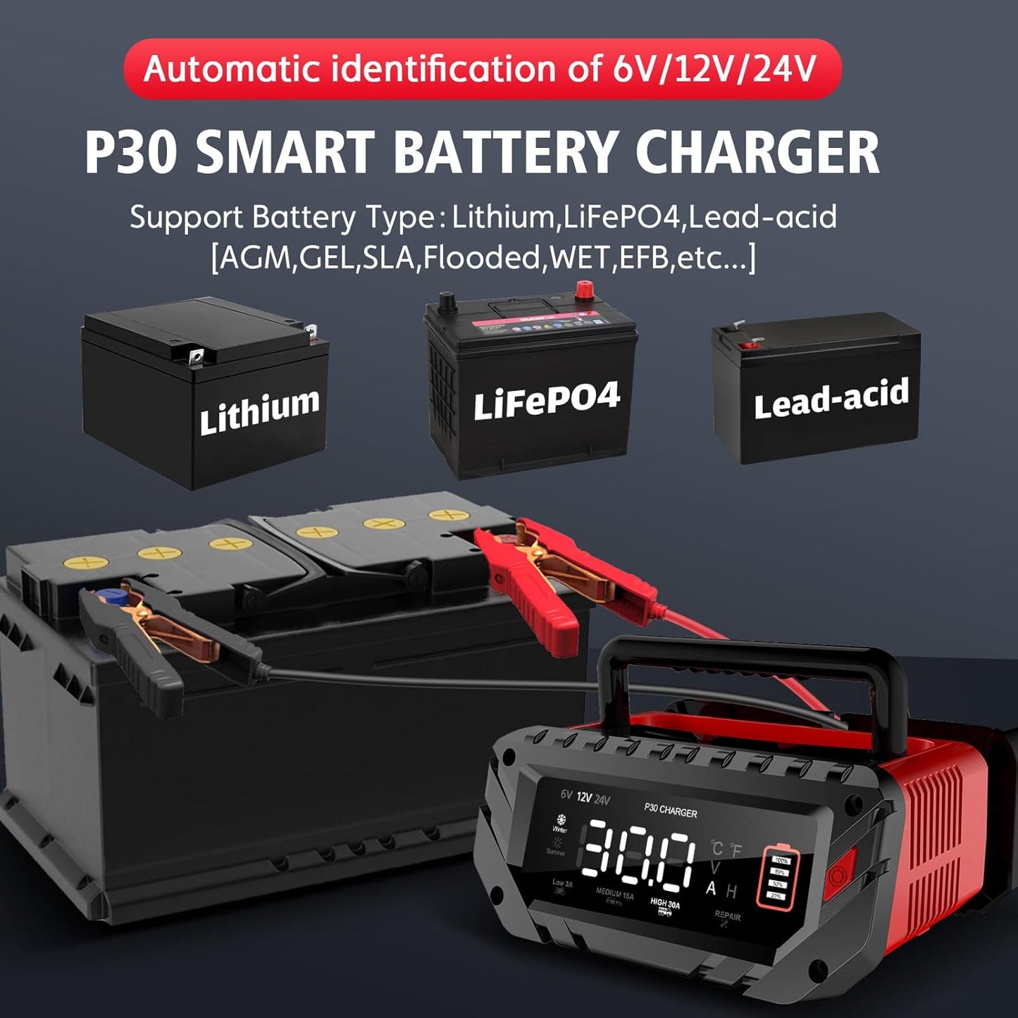 30 Amp 6V/12V/24V Smart Trickle Charger, Car Battery Charger, Lithium, Lifepo4, Lead Acid (AGM/Gel/SLA) Battery Maintainer, Desulfurizer, For: Car, Boat, Motorcycle, Lawn Mowers