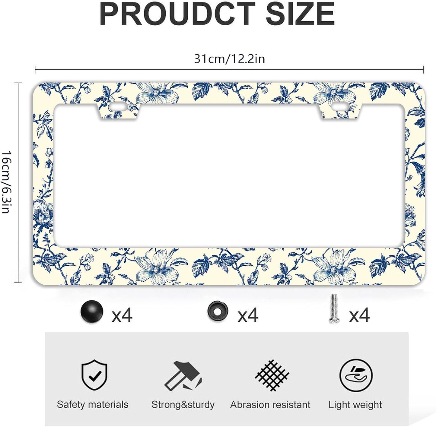 Blue Floral Flowers License Plate Frames - 2 Pcs Set 2 Holes Stainless Steel Metal Auto Car Accessories Decoration License Plate Frame Cover Size 6.3" x 12.2" Fit US Vehicles for Women Men Gift