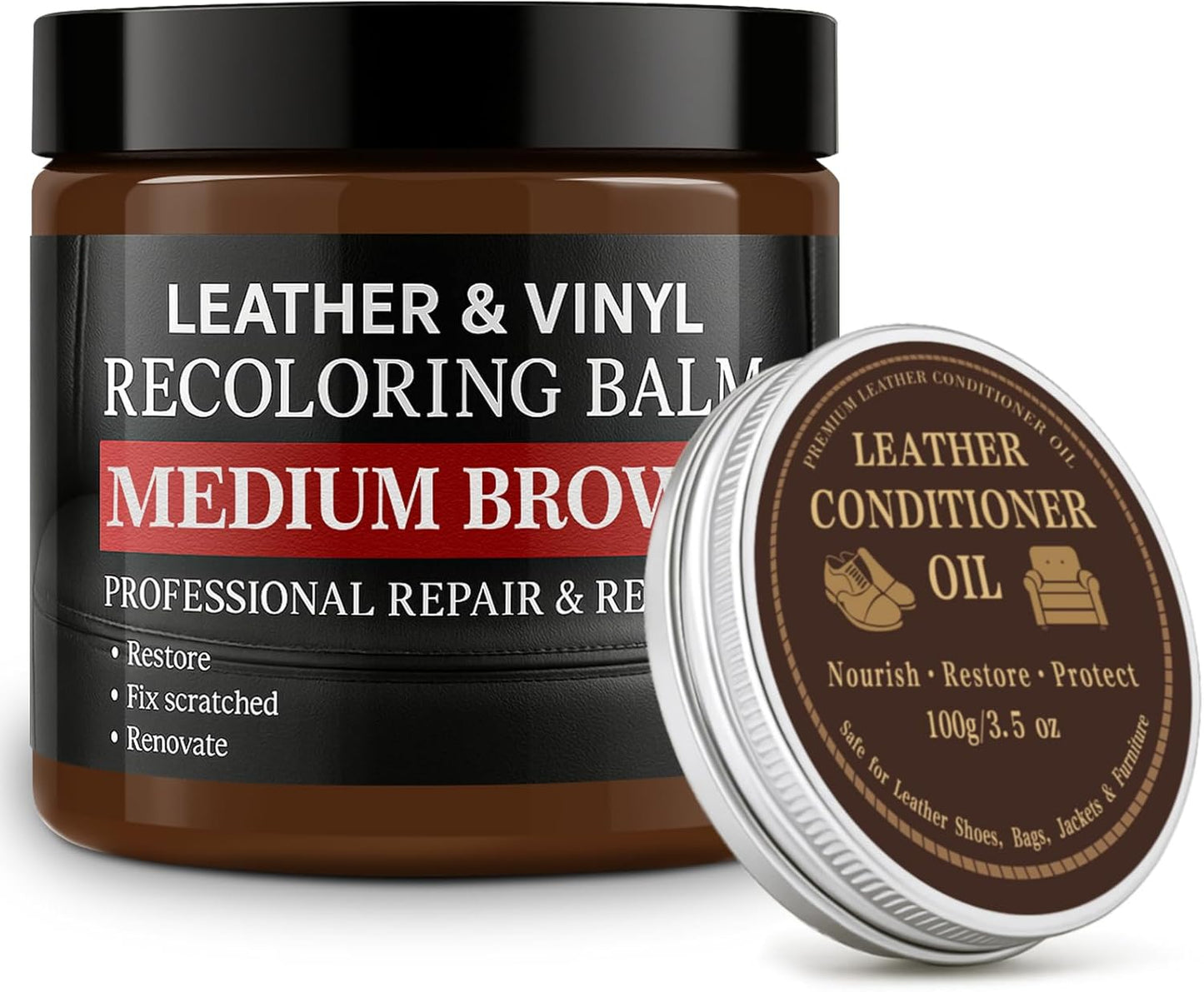 Leather Color Restorer, Leather Recoloring Balm, Scratch Remover, Leather Dye, Leather Paint with Leather Conditioner, Leather Repair Kit for Furniture Couches Car Seats Shoes, Medium Brown