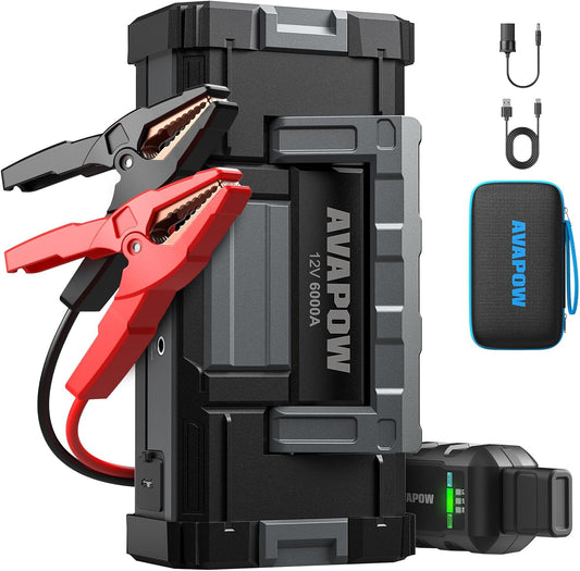 AVAPOW 6000A Car Battery Jump Starter(for All Gas or up to 12L Diesel) Powerful Car Jump Starter with Dual USB Quick Charge and DC Output,12V Jump Pack with Built-in LED Bright Light