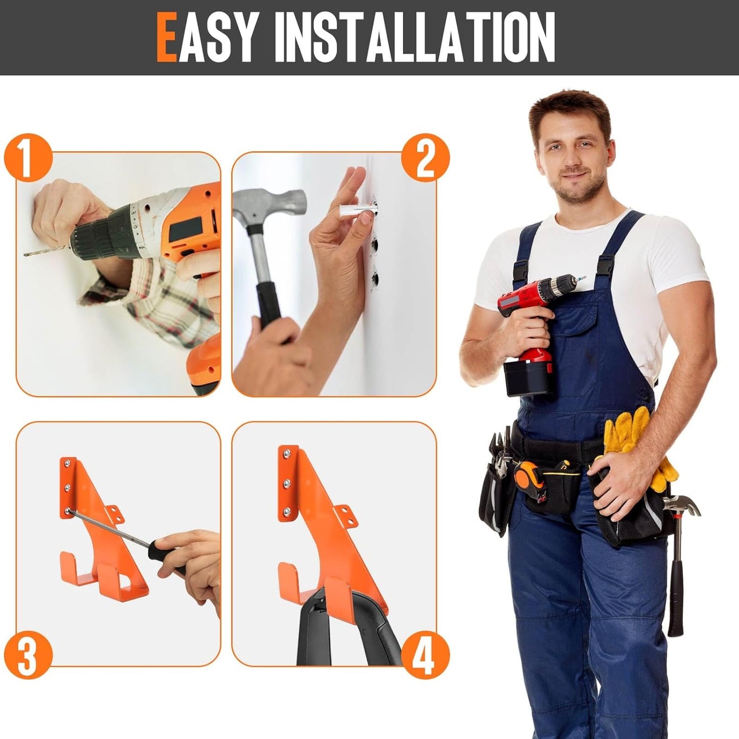 Chainsaw Hanger, Heavy Duty Chain Saw Stand 3-in-1 Wall Mount with Accessory Tool Hooks for Garage Shed Organizer Storage, Includes Mounting Hardware (2 Pack)