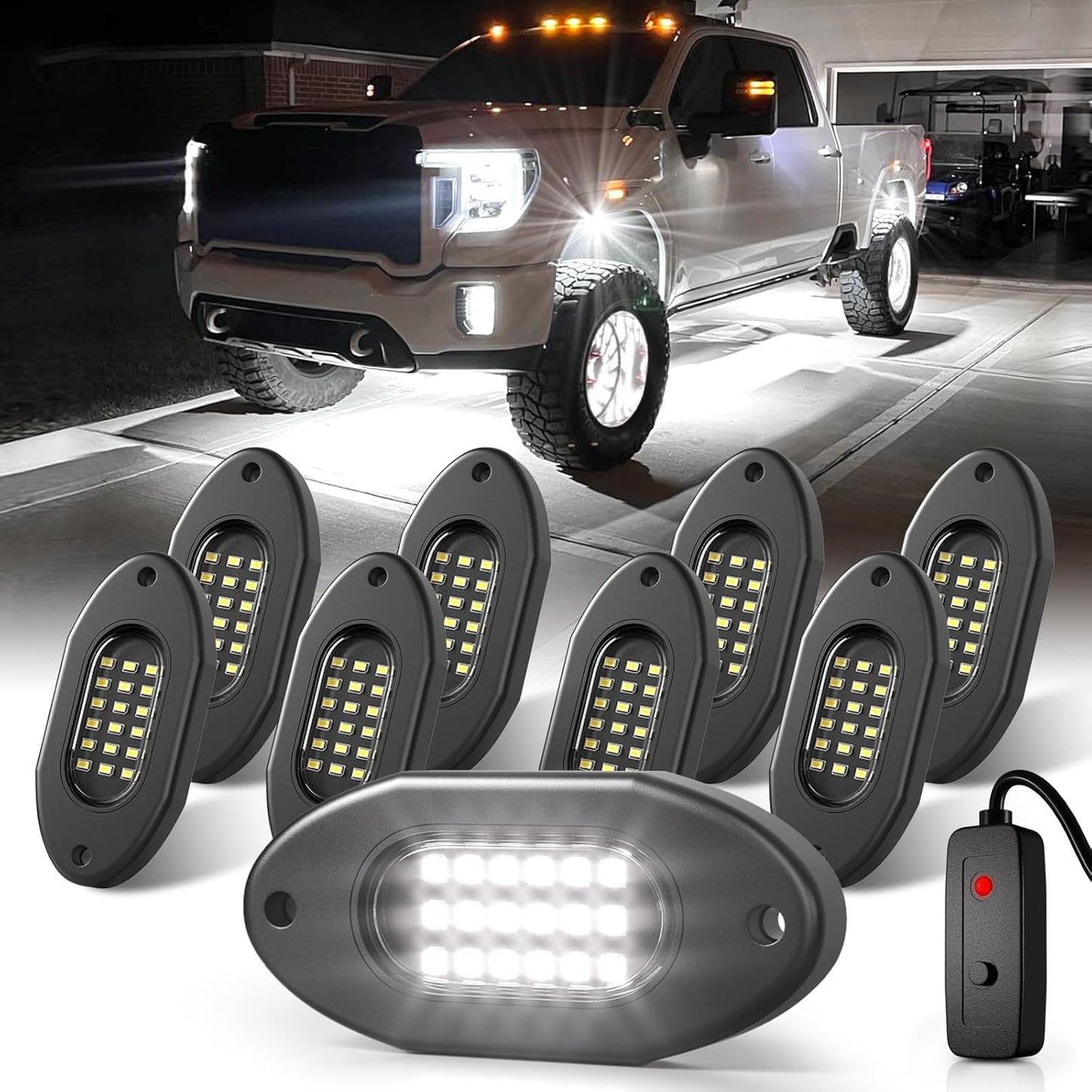 Honalia White LED Rock Lights Kits 8 Pods, 6000K Pure White Rock Lights with Switch