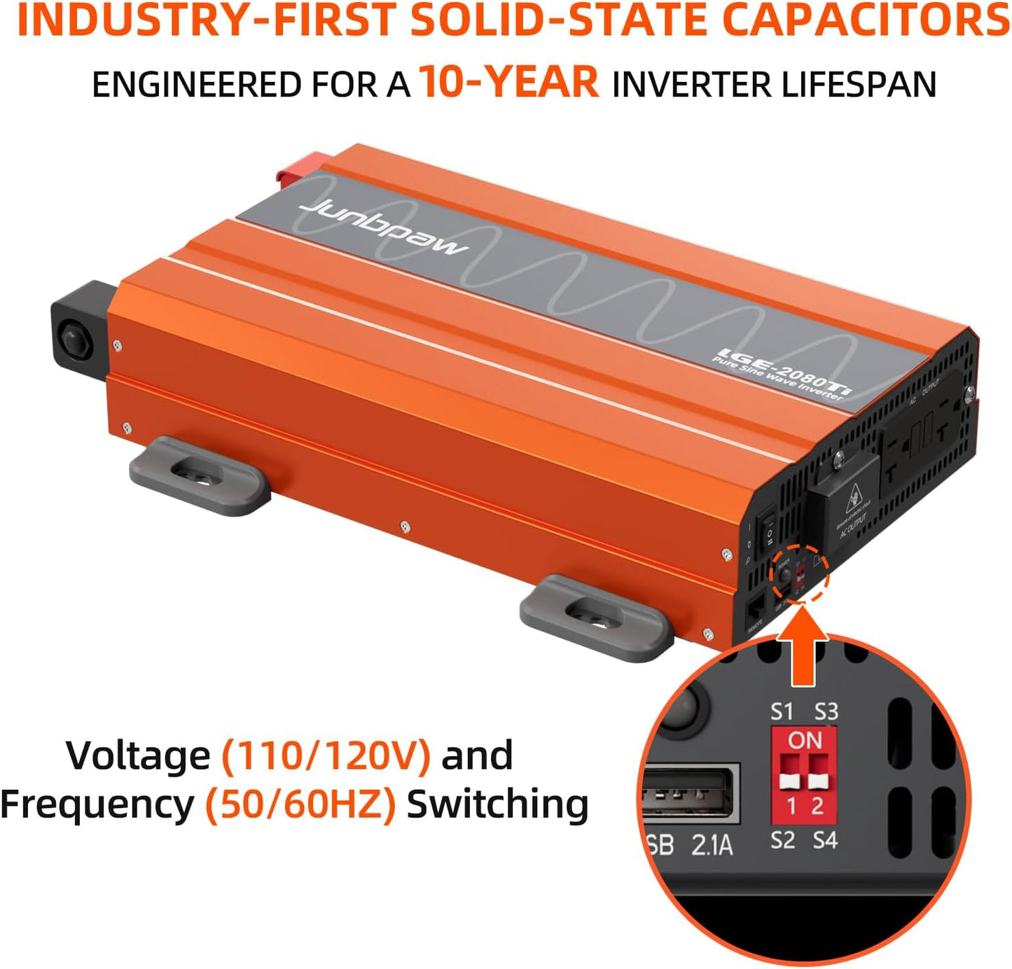 2080W Pure Sine Wave Inverter, 12V DC to 110V/120V AC, 6000W Peak, 5V/2.1A USB, Quiet Fan, Capacitor, Off-Grid Solar Power for RV, Camping, Emergency, Truck (LGE-2080Ti)
