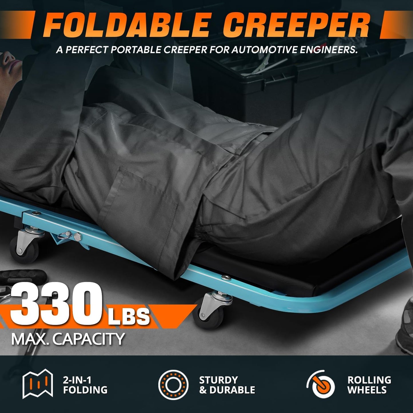 DNA MOTORING 40 Inches Folding 2 in 1 Rolling Z Creeper, Adjustable Roller Garage Chair Lay Down or Sit, 6 Pcs 2" Casters, 150kg Weight Capacity, Tiffany Blue, TOOLS-00187-TB