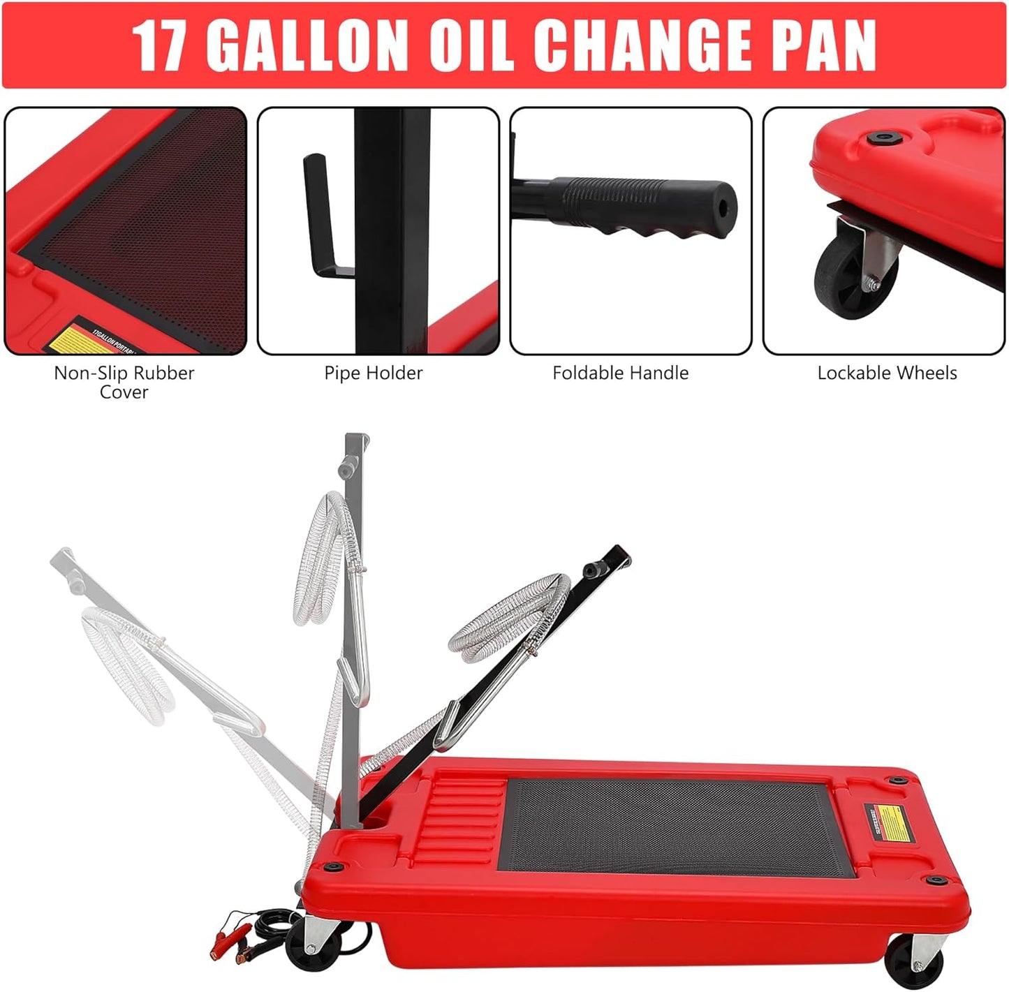 ‌17 Gal Electric Oil Drain Pan, Low Profile Mobile Oil Changing Pan with Hand Pump, 8 Ft Hose & Quick Drain Valve, Leak-Proof Design for Truck Car Motorcycle, Garage Workshop Use