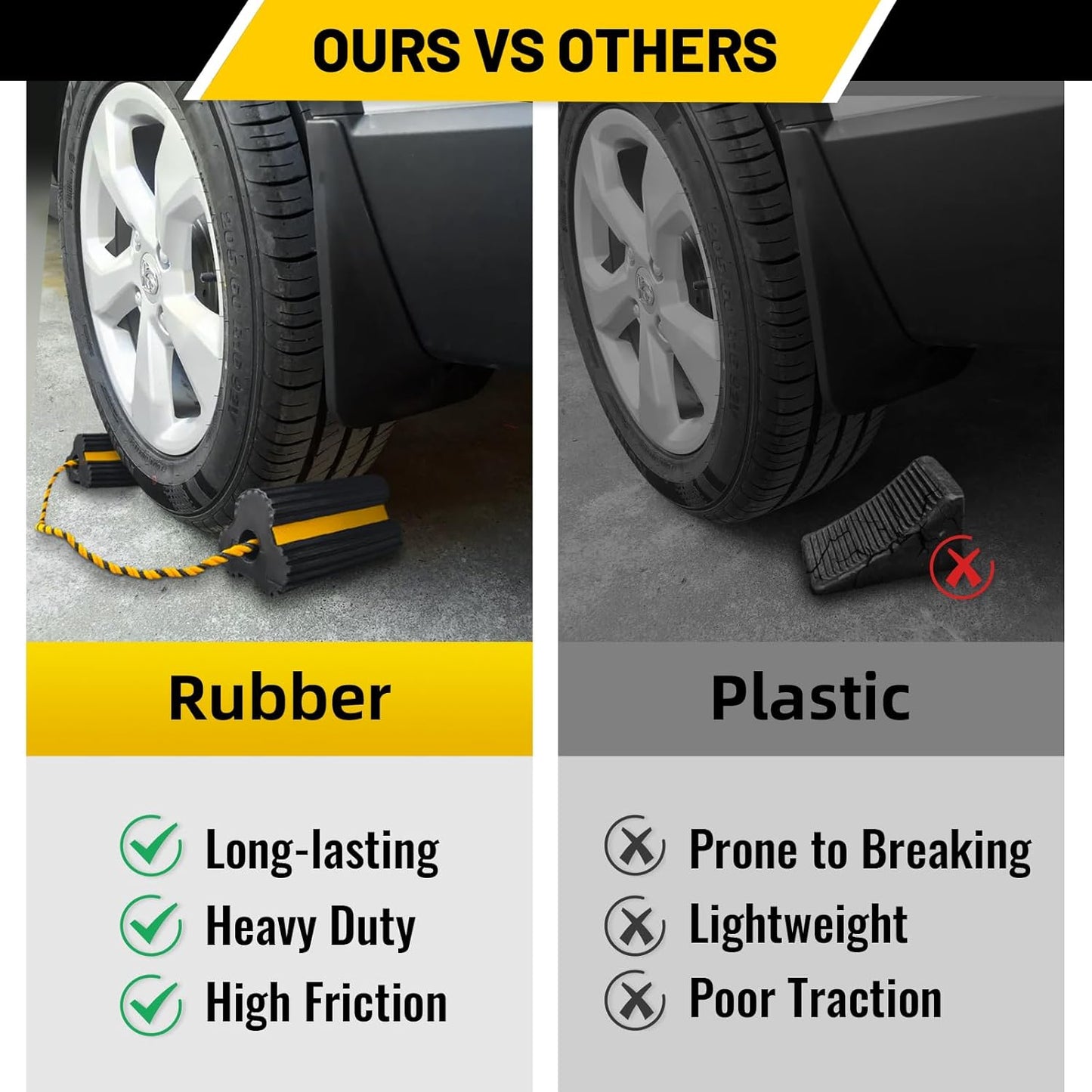 ROBLOCK 2 Pairs Wheel Chocks Heavy-Duty Rubber Wheel Block Non-Slip Base with Nylon Rope Yellow Reflective Tape - 4 Pack Wheel Stopper for Travel Trailers, Car, Camper, Truck, Black