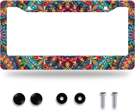 Boho License Plate Frame Beautiful Mandala Flowers License Plate Stainless Steel Funny License Plate Holder Hippie Car Accessories Decoration with 2 Screws Fits Standard Vehicles Size 12.3" x 6.3"