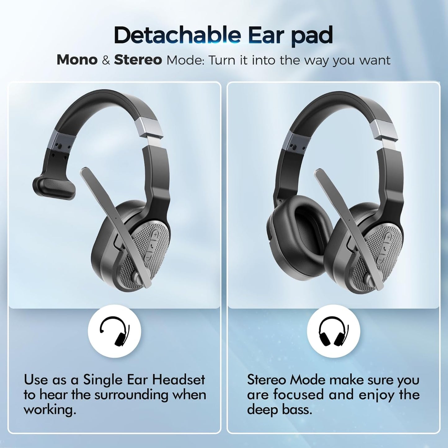 Trucker Bluetooth Headset, Wireless Headsets with Noise Cancelling Microphone, 50+Hrs HD Talktime Bluetooth Headphones with Detachable Earpad/Single+Dual Mode for Office/Driving/Home (Silver)