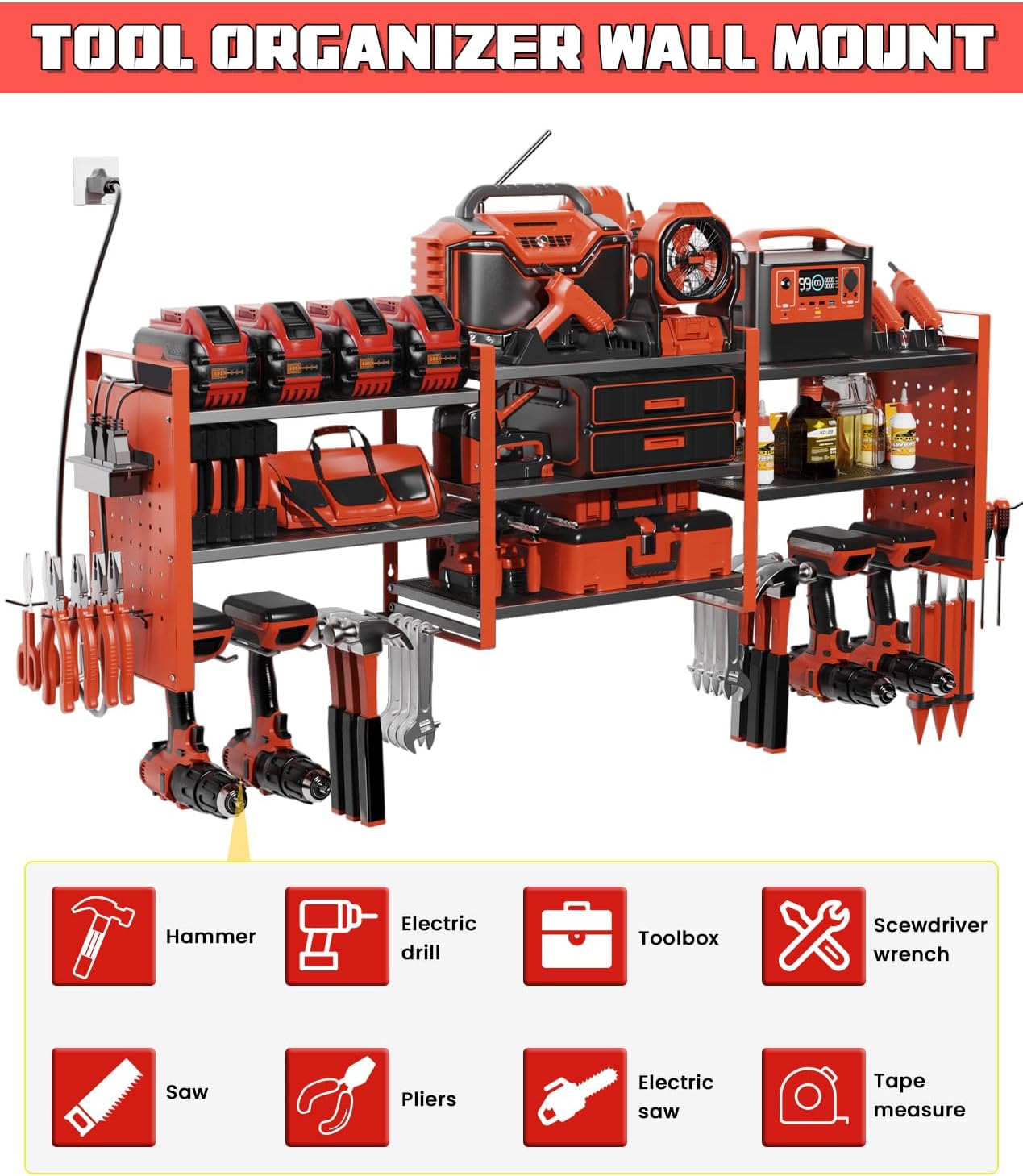 Heavy-Duty 48" Wall Mount Power Tool Organizer with Charging Station – 3-Tier Garage Organization Rack for Drills, Wrenches & Tools – Includes 16 Hooks & Pegboard Sides