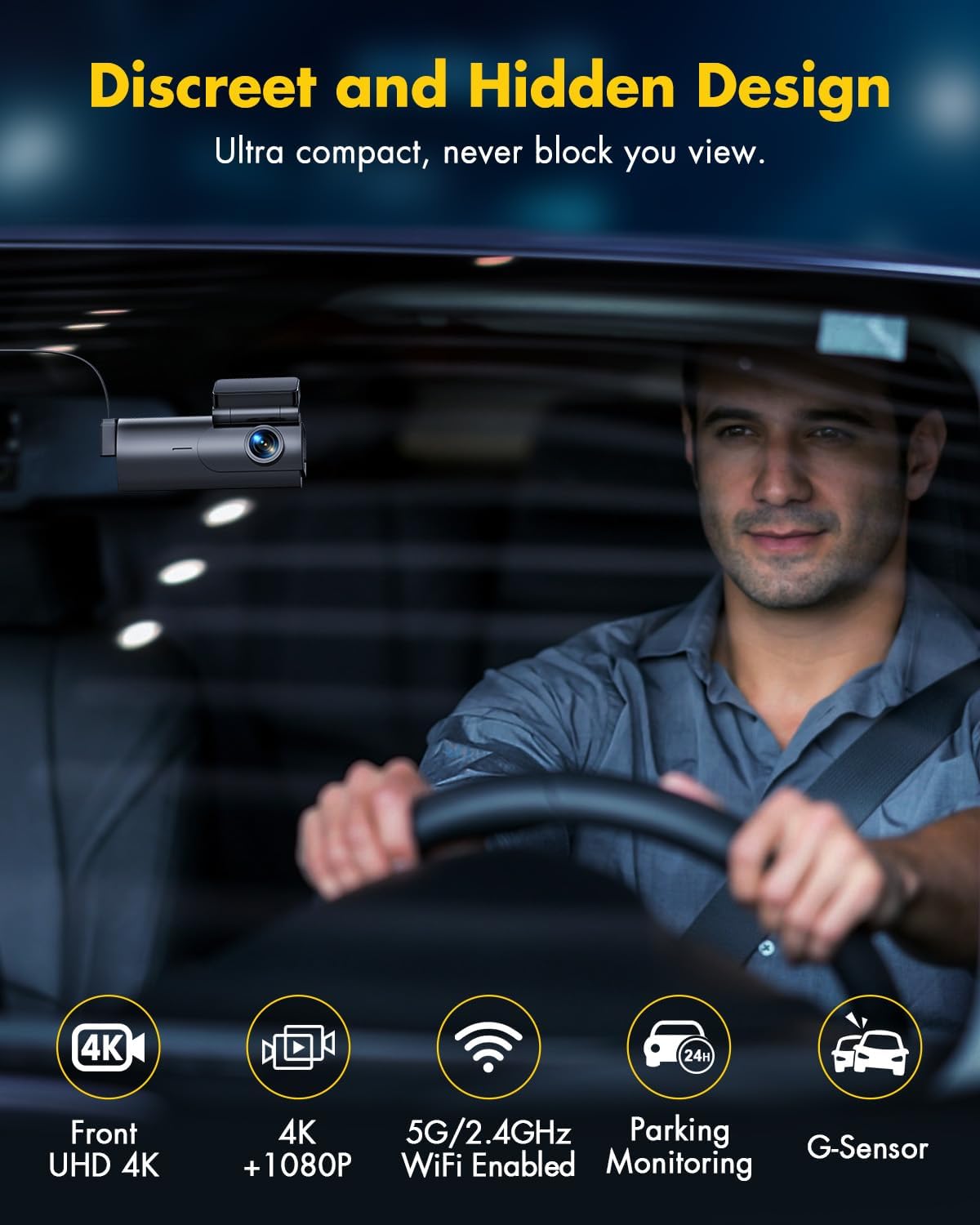 GKU Dash Cam Front and Rear Camera – 4K+1080P Dual Dash Camera for Cars with 64GB SD Card, 5GHz WiFi & App Control, Night Vision, Parking Mode, G-Sensor, Loop Recording, WDR, 170° Wide Angle