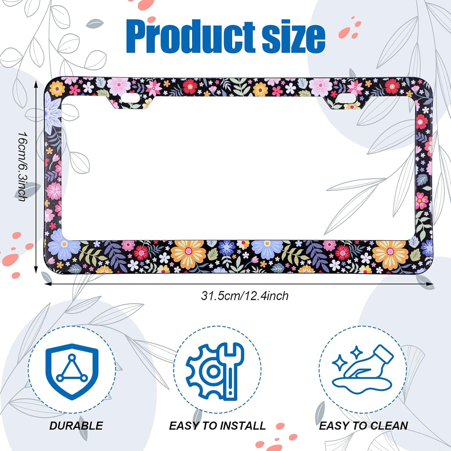 Flower License Plate Frame 2 Pcs Personalized Colorful Floral License Plate Frames with 2 Holes Screws Stainless Steel Car Plates Frame Universal Size: 12.4x6.3in Auto Parts Decoration