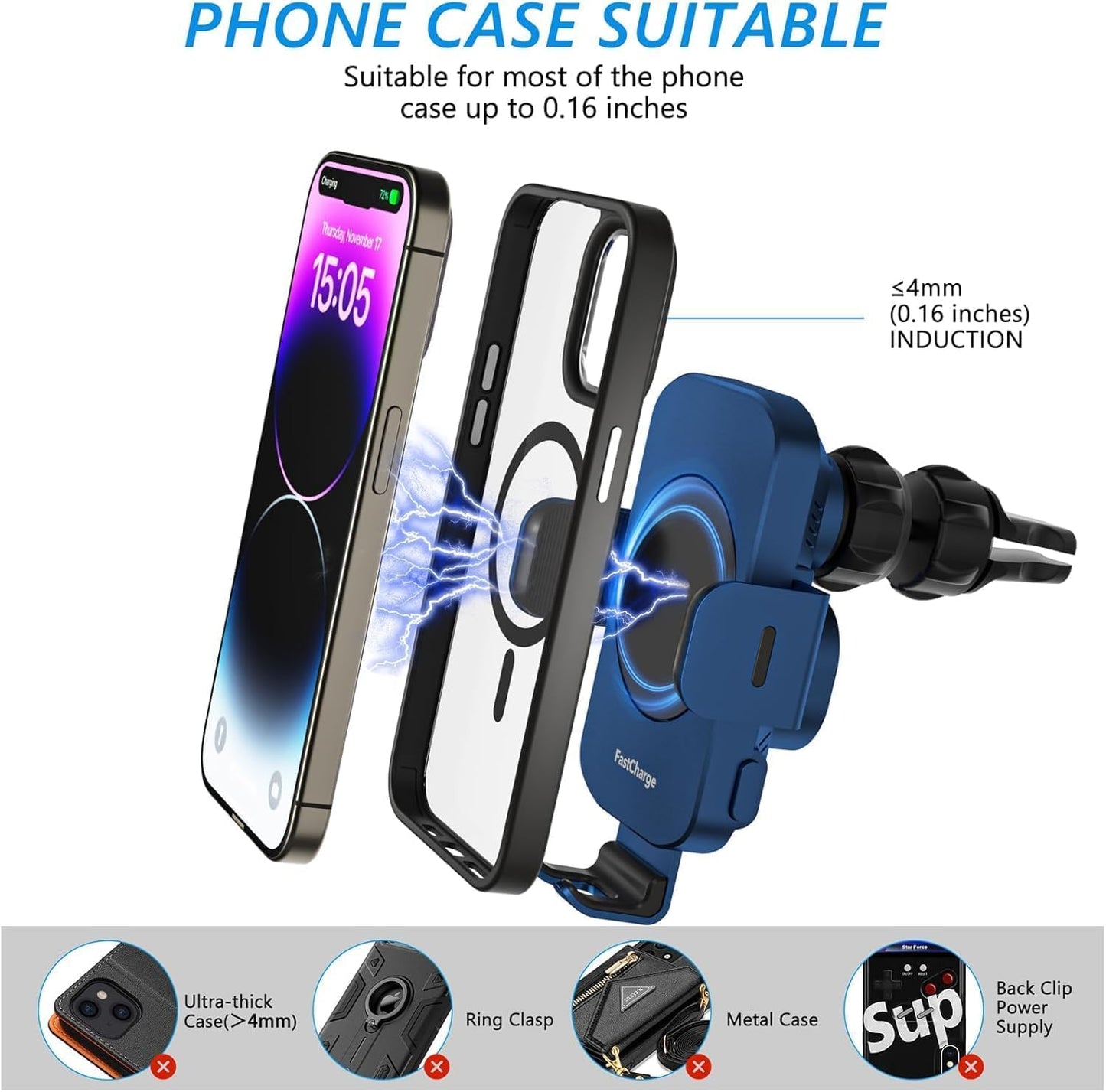 Wireless Car Charger, Fast Charging 15W Auto Clamping Car Charger Phone Holder Phone Mount for iPhone16 15 14 13 12 11 Pro Max Xs, Samsung Galaxy S23 Ultra S22 S21 S20 S10+ Note 9, etc(Blue)