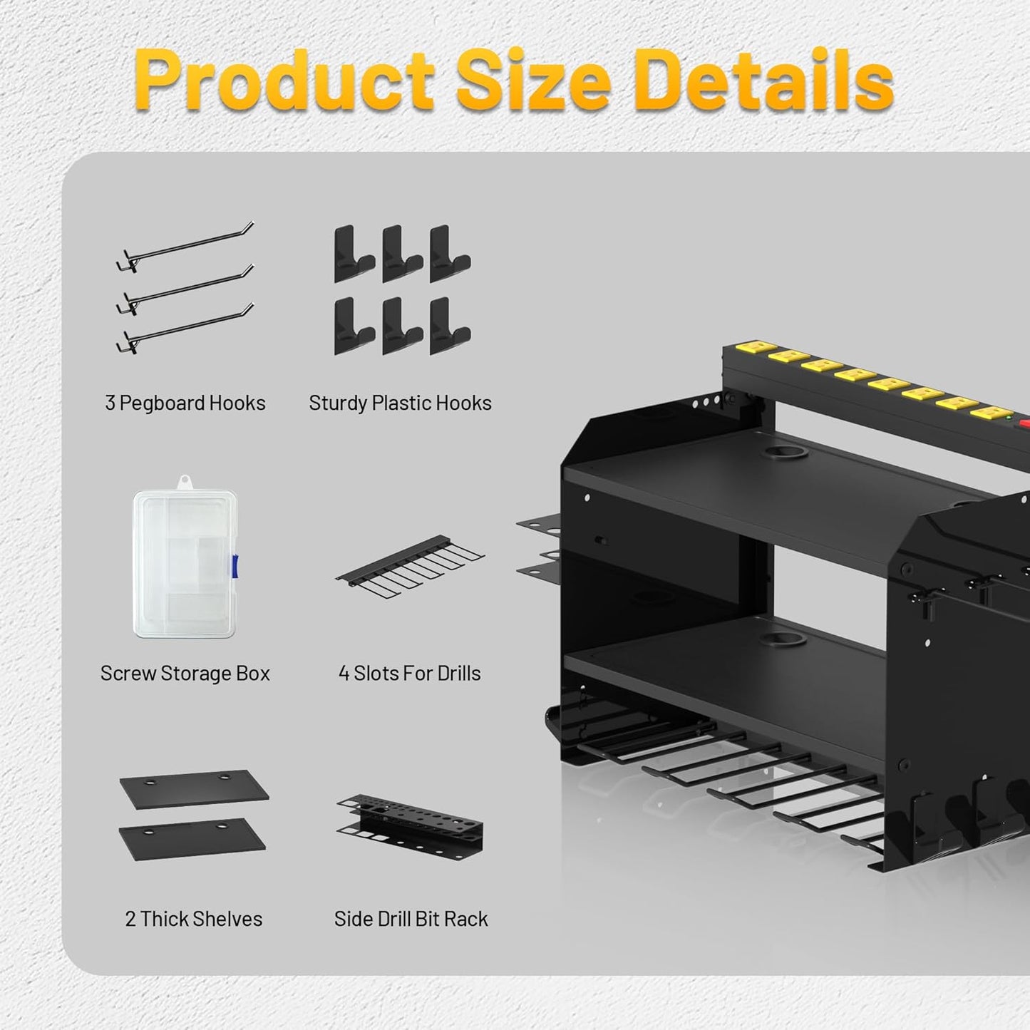 Heavy Duty Wall-Mounted Tool Organizer&Power Charging Station,Modular Garage Storage System with Cordless Drill Holder, Battery Racks,Shelves,Workshop Organizers with Electric Cord Management