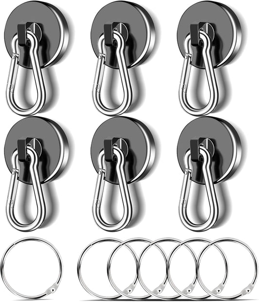 MIKEDE 6 Pack Strong Magnetic Hooks, 70LBS Pull Force Neodymium Magnetic Hooks Cruise Ship with Swivel Carabiner Hooks, Black Heavy Duty Magnets Hooks with Rings for Hanging, Grill, Refrigerator