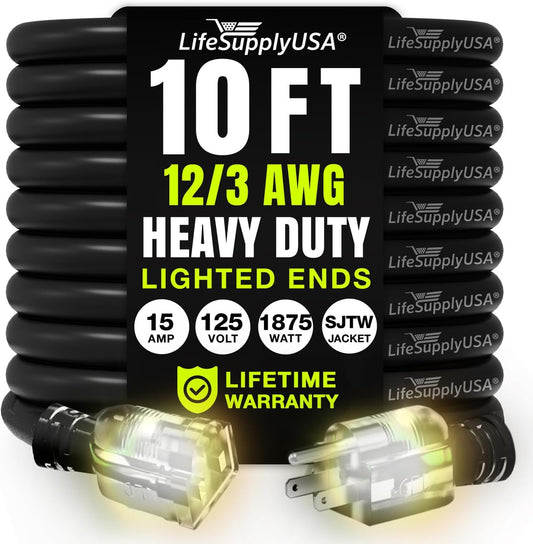 10ft Outdoor/Indoor Extension Cord 12/3 Gauge Extra Heavy Duty 3 Prong SJTW, Waterproof, Flexible Cold-Resistant Long Power Cord,15A 125V 1875W, Black by LifeSupplyUSA
