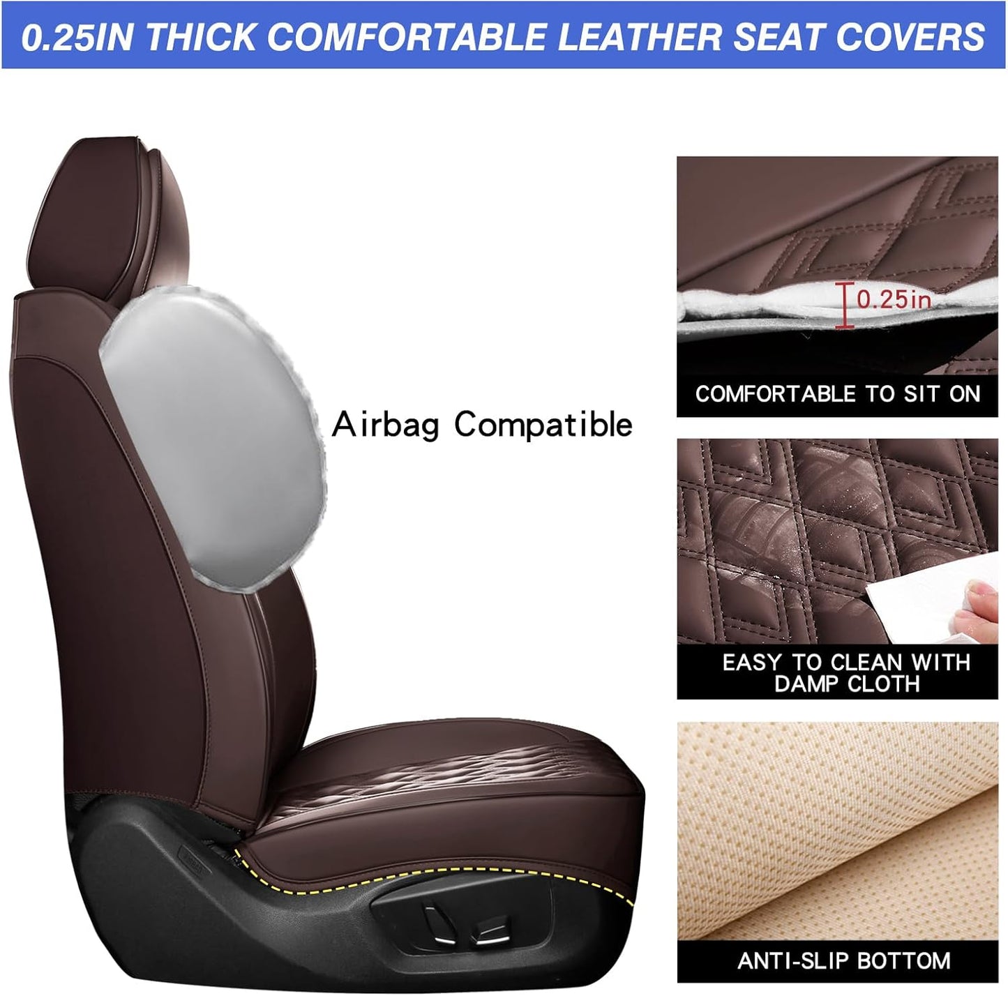 Car Seat Covers Full Set, Leather Seat Covers for Cars, Car Seat Protector Waterproof, Non-Slip Car Interior Covers Fit for Most Cars, SUV, Vans, Trucks,5Seaters,Full Set,Brown
