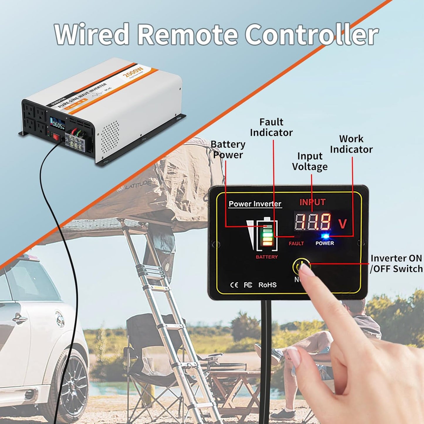 2000W Pure Sine Wave Inverter 12V DC to 120V AC Converter for Vehicles Boat Camping Outdoor Solar System, 2000 Watt Power Inverter with LCD Display, Remote Controller, USB Port, 4 AC Outlets