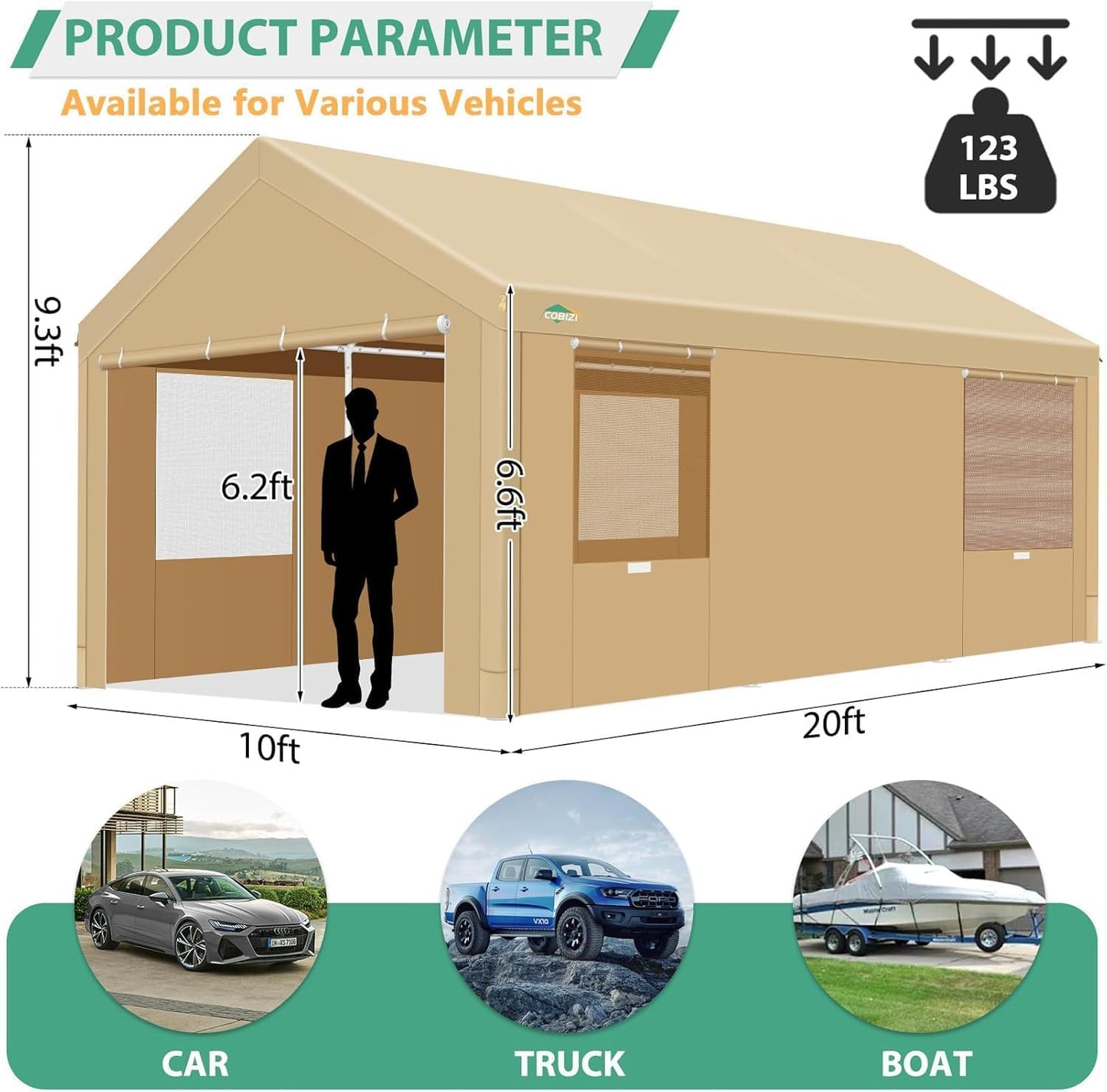 COBIZI Carport 10x20ft Heavy Duty Portable Garage, 2.0 Powder Coated Frame(Better Than Galvanized), Waterproof Shelter with Removable Sidewalls & Windows, Built-in Sandbags, for Car/Boat/SUV, Khaki