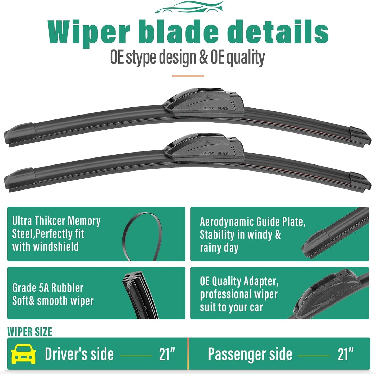 21" 21" 10" Windshield Wiper Blades Replacement for Jeep Patriot 2007-2017 Premium All Weather Front Rear Wipers Set - OEM Quality (Pack of 3)