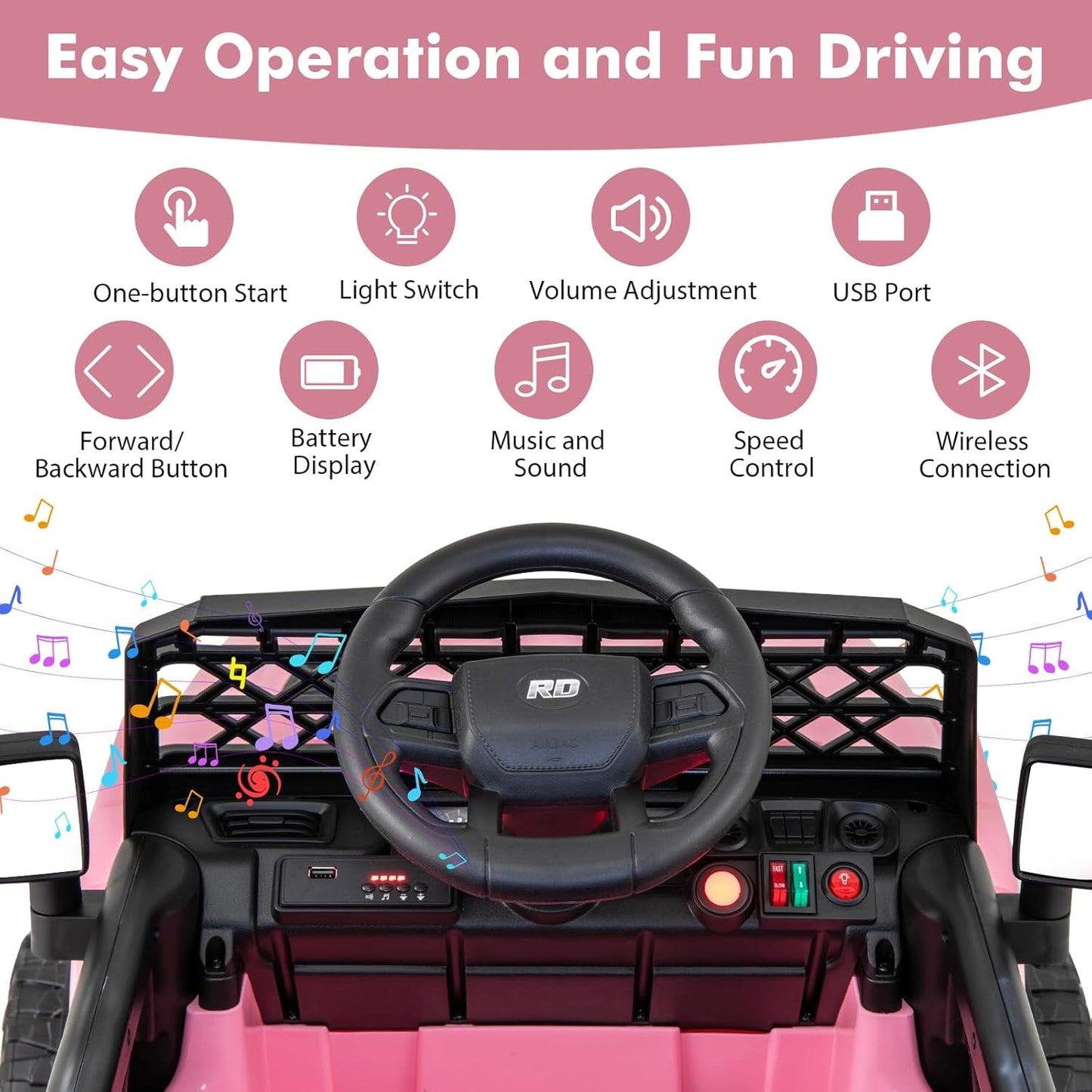 Costzon Kids Ride On Truck, 12V Battery Powered Electric Vehicles w/Remote Control, Spring Suspensions, 3 Speeds, Music, Lights, Wireless Connection, Ride on Car for Boys & Girls 3+ (Pink)