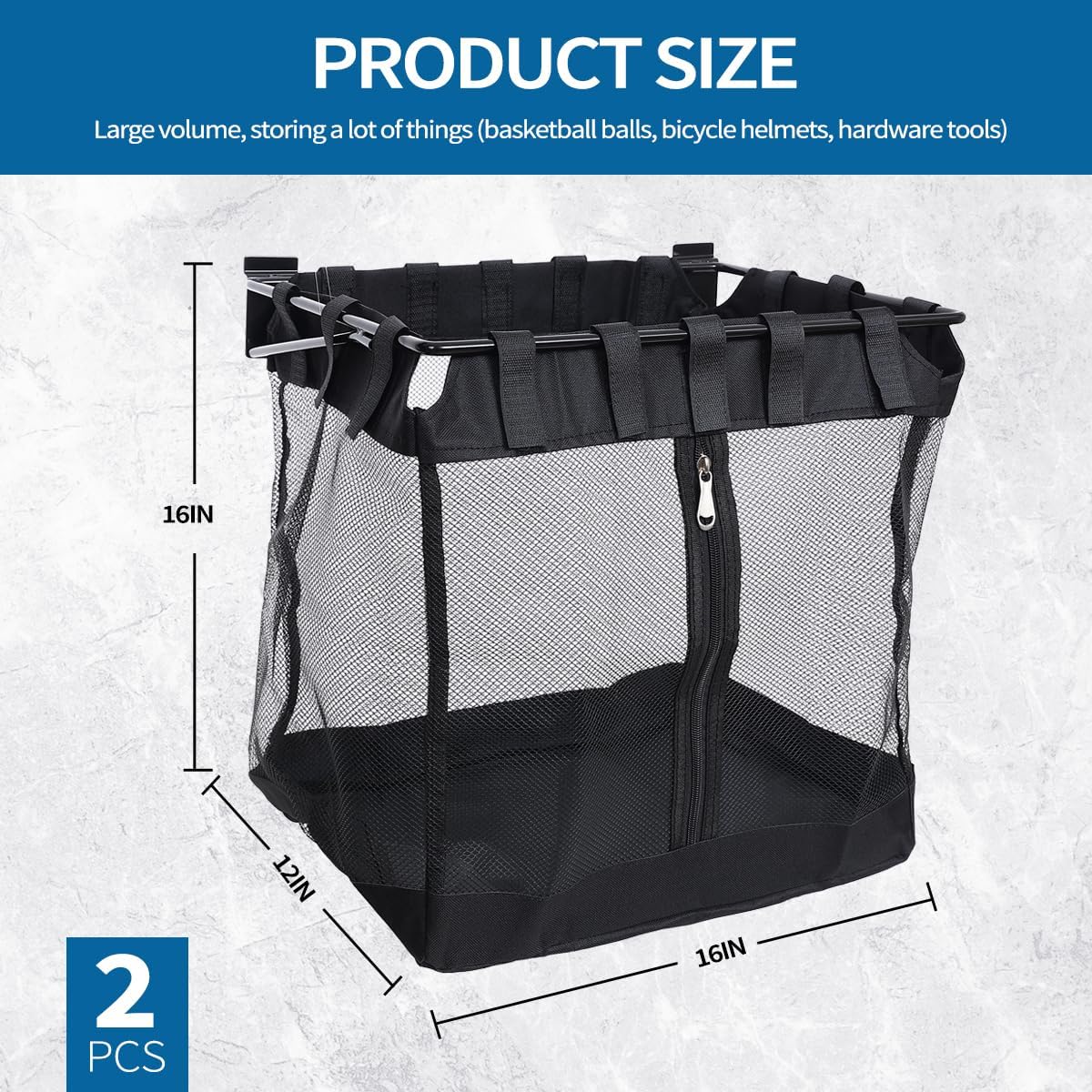 2Pcs Large Slatwall Baskets Mesh Slatwall Baskets with Zipper Mounted Storage Baskets Hanging Slatwall Accessories for Shops Rooms Storage Display Organizing(16 * 12 * 16inch)